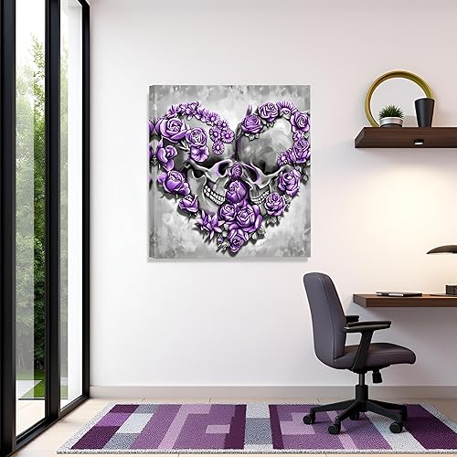 Miniatura 3 de Artsbay Arte de pared de calavera con pintura de flores moradas, arte de esqueleto en lienzo para Halloween, dormitorio, sala de estar, decoración