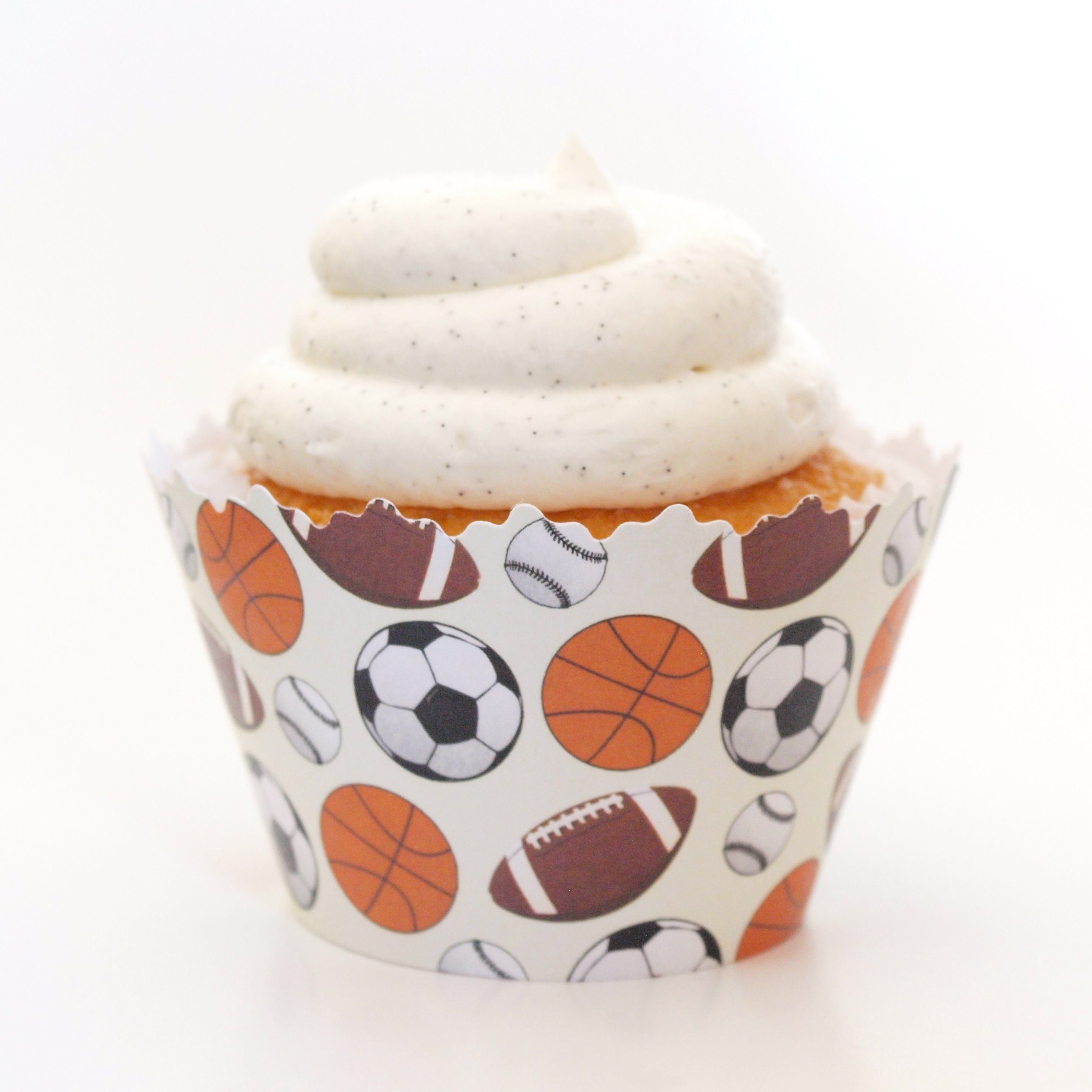 Sports Cupcake Wrappers -Set of 12- Basketball, Football, Soccer & Baseball Athlete Cup Cake Decorations