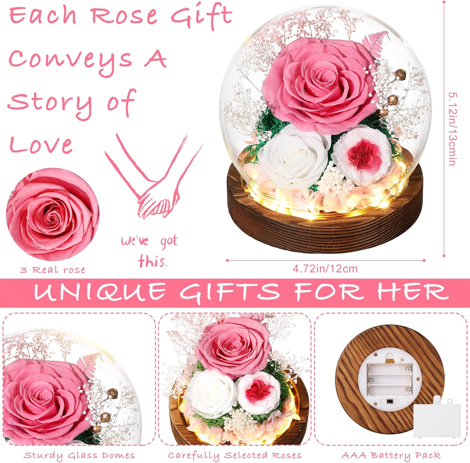 Gifts for Her Preserved Flower Rose in Glass Dome Gifts for Women Mom Wife on Birthday Chrismas,Home Decoration.Pink White