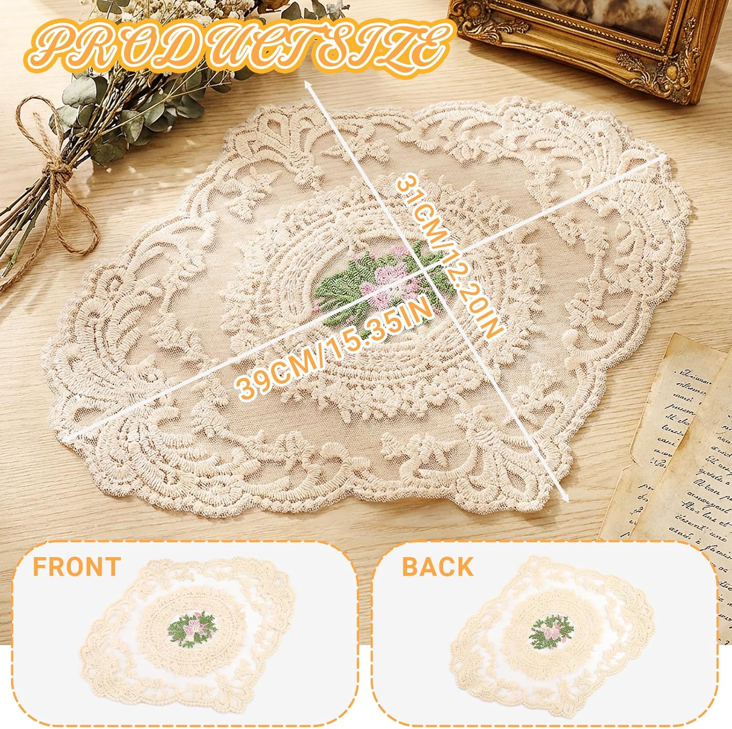 2 Pack Retro Lace Placemats French Crochet Doilies Table Cup Mats Beige