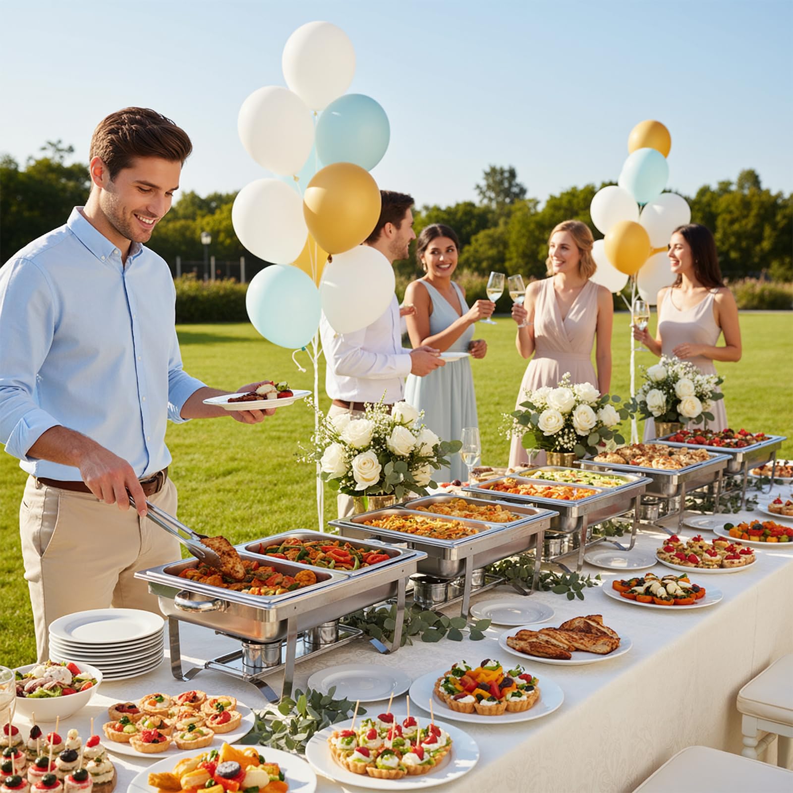 TLGREEN 2 Pezzi Set Buffet Scaldavivande 2X9L, 4 Contenitori GN 1/2, Chafing Dish Buffet in Acciaio Inox, Piastra Scaldavivande per Catering, Matrimoni, cene, Buffet, Feste di Natale e Scuole.