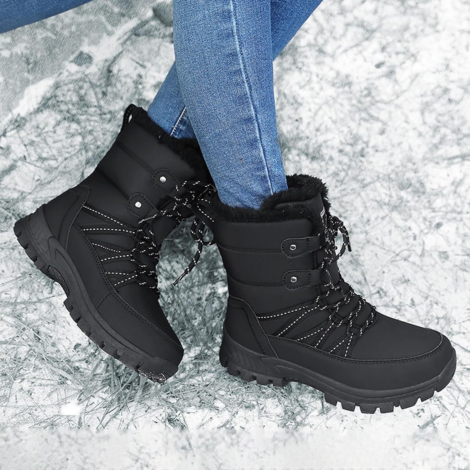 MOYOWEI Women's Winter Waterproof Mid Calf Snow Boots,Comfy Warm Faux Plush Lined Non-slip Lace-up Outdoor Hiking High Booties