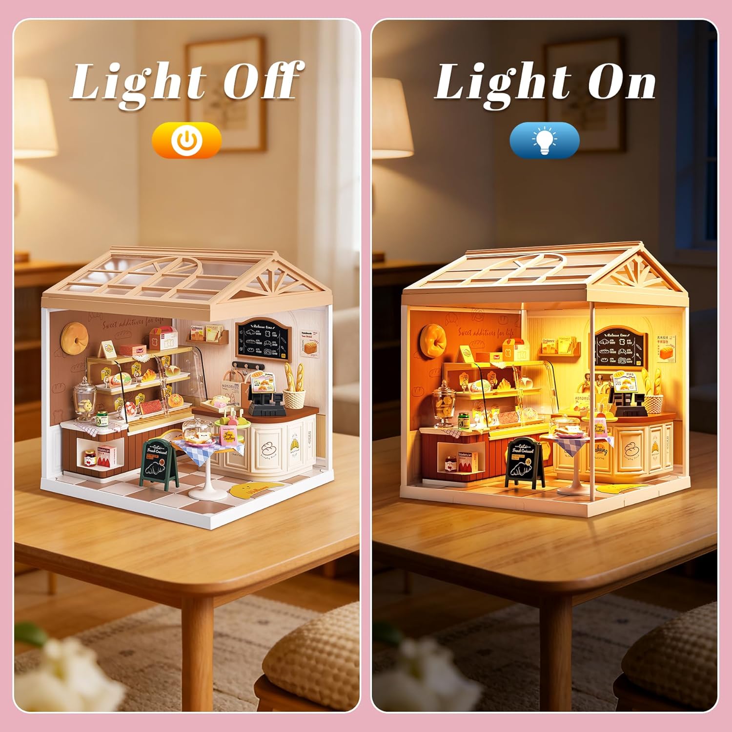 Bread Shop Miniature House Kit with LED Light, DIY Mini Dollhouse with Roof & Dust Covers for Mini Figures Tiny House Toy for Adults