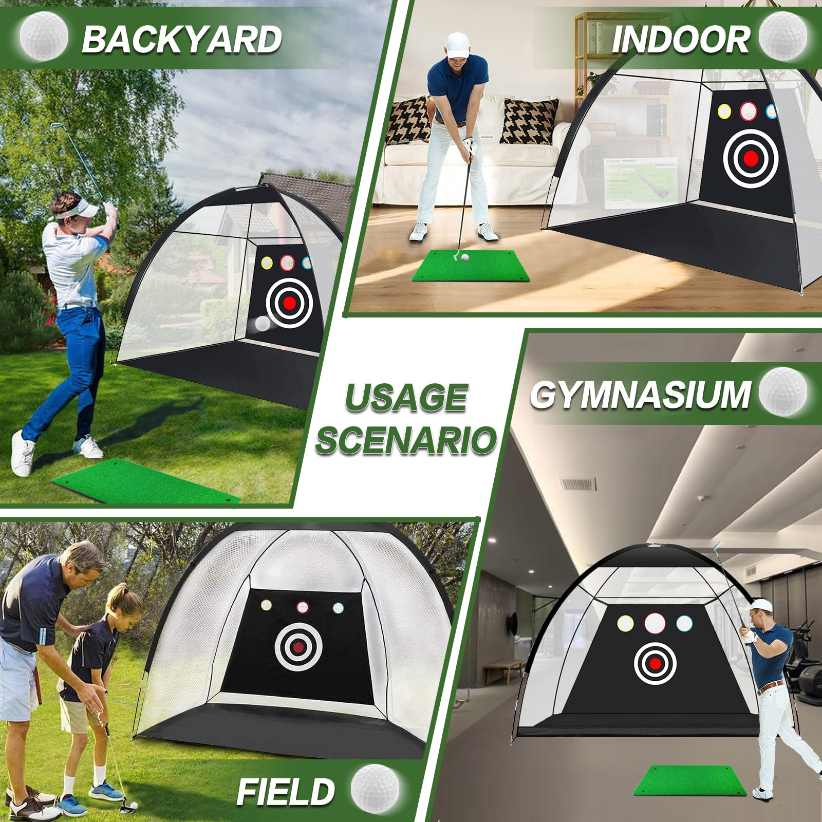Filet de Golf Practice 3M avec 3 Pièces 2,25 2,75 3 Tés Tees en Caoutchouc et Tapis 60x30cm, Entraîneur de Swing Filets d’Entraînement pour Jardin Intérieur Extérieur