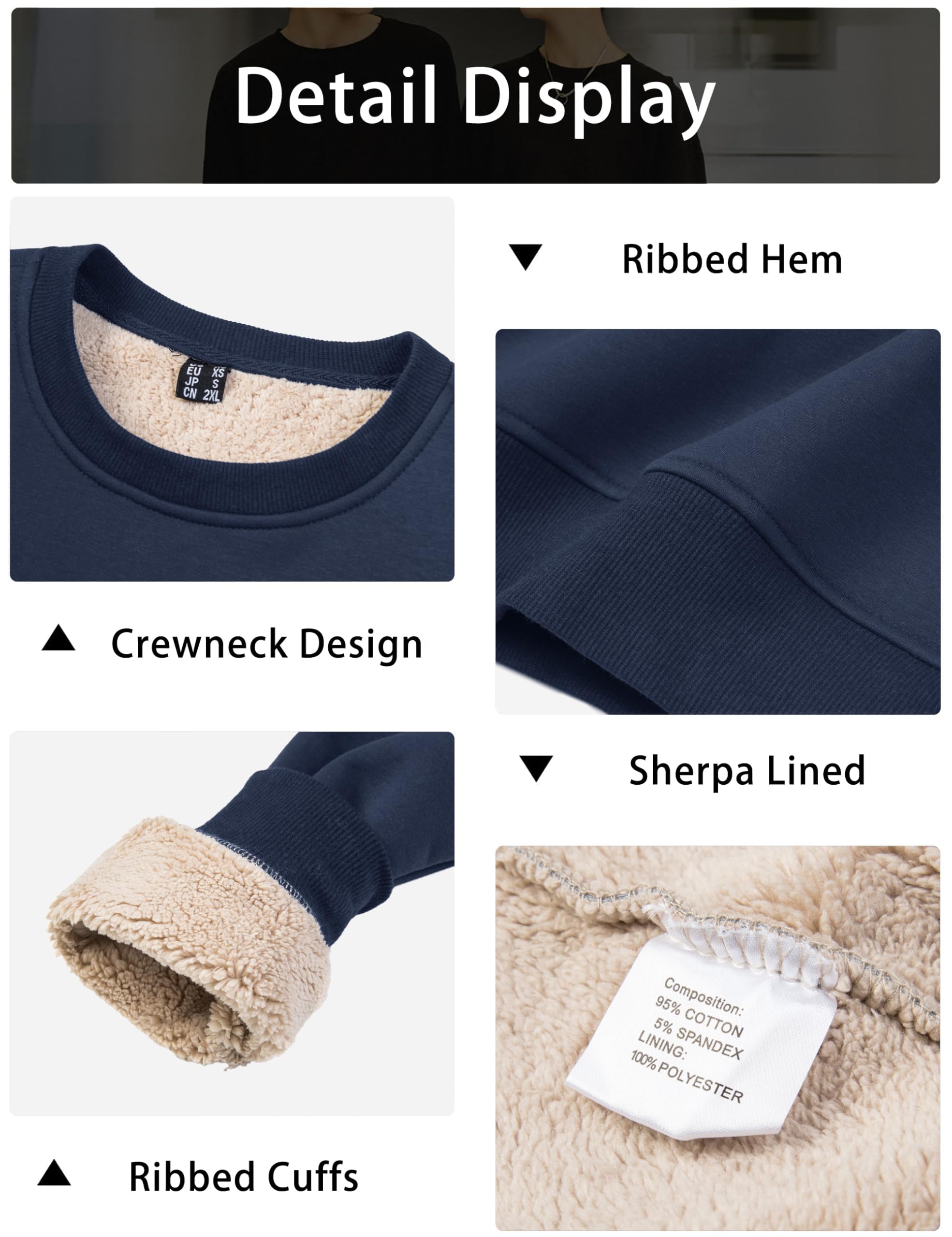MAGCOMSEN Męska bluza zimowa z polaru, z podszewką, sportowa bluza z długim rękawem, koszulka z okrągłym dekoltem