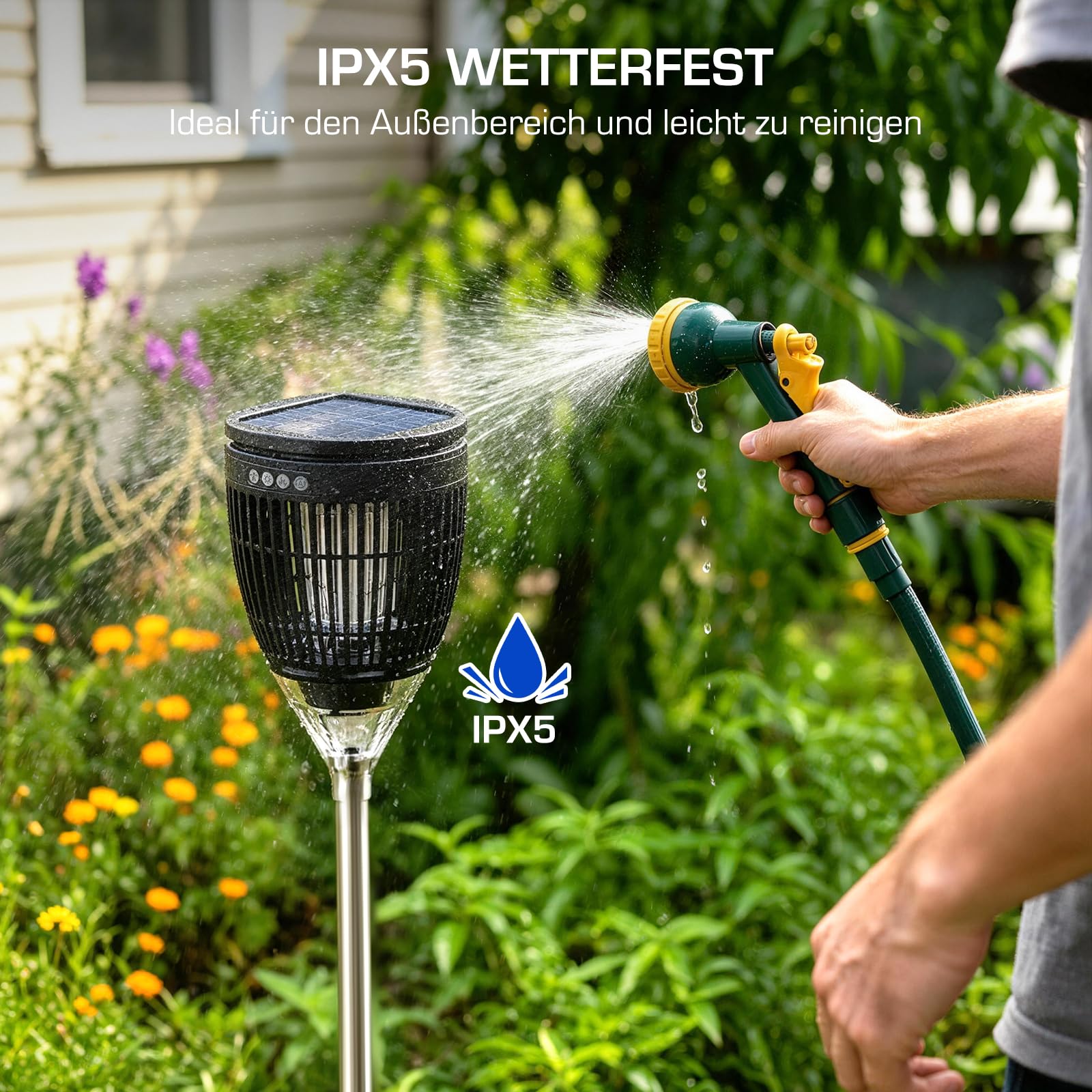 Solar Insektenvernichter Outdoor | Elektrische Mückenfalle 4200V, Mückenlampe IPX5 Wasserdicht, USB-C-Ladung, mit Erdspieß für Garten, Rasen, Hof