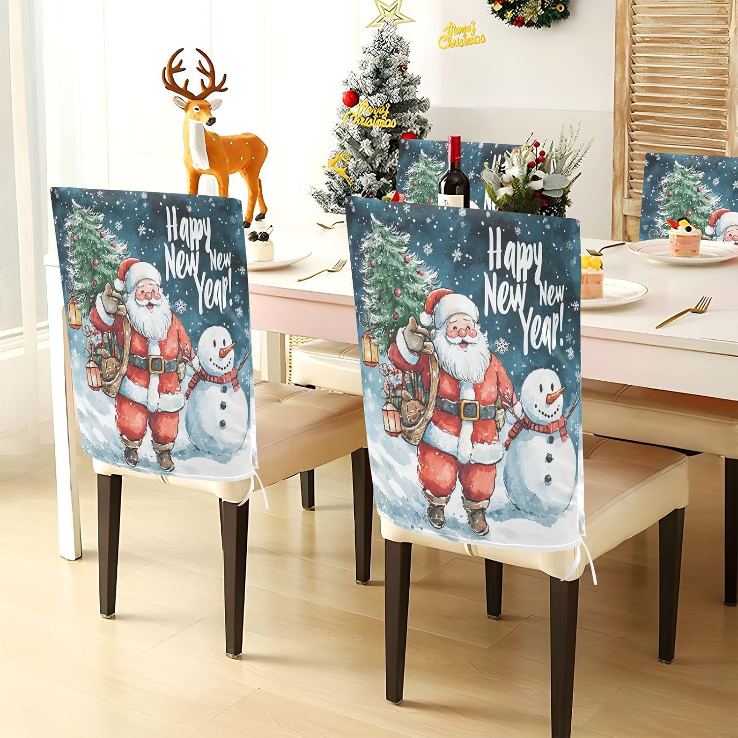 MNSRUU Christmas Snowman Chair Back Cover for Dining Room,Christmas Chair Slipcovers Set of 6, Santa Claus Chair Cover for Kitchen Hotel Holiday Party Decor,57