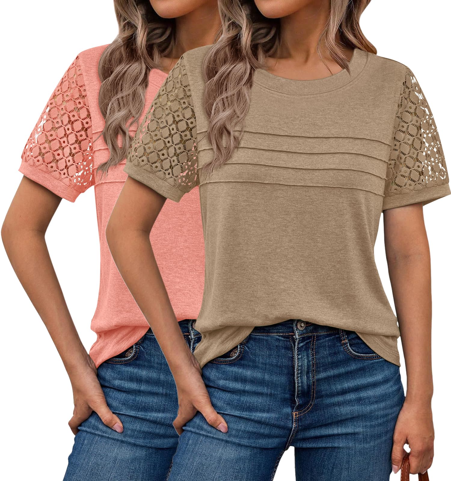 2PCS Womens Tops Summer Loose Casual Crewneck Lace Sleeve T Shirts Fashion Beach Vacation Clothes Cute Blouse 2025