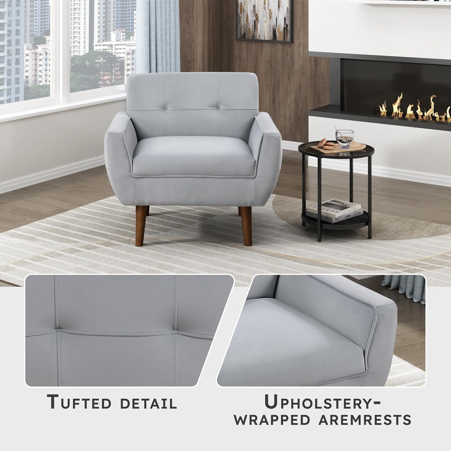 Lexicon Mid Century Modern Accent Chair with Dark Brown Solid Wood Leg, Velvet Upholstered Living Room Chair Lounge Arm Chair, Tufted Detail Single Sofa Chair, Comfortable Reading Chair, Gray