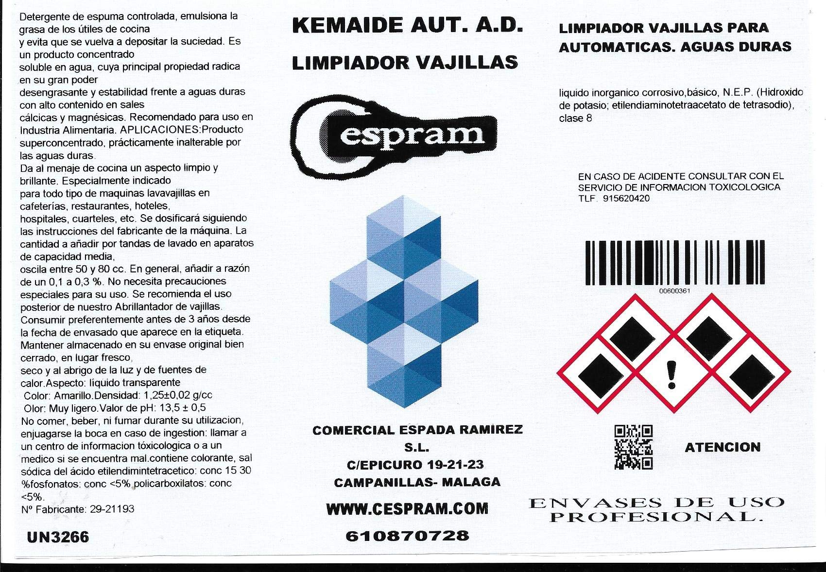 Limpiador de vajillas para máquina lavavajillas. Aguas duras. Kemaide aut a.d. Envase de 5 litros/10 litros (5)