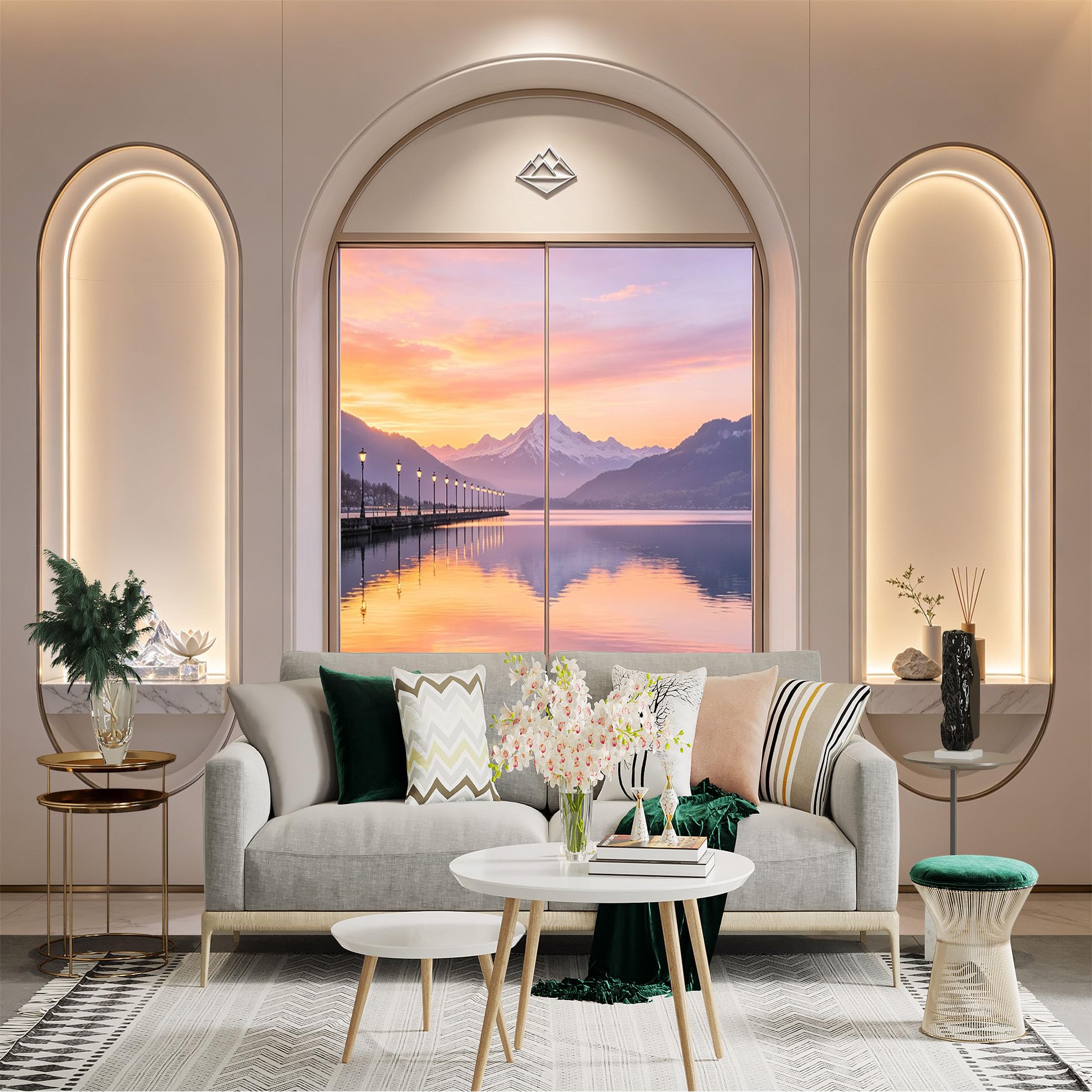 Custom Size Wall Sticker Mural， Sunset Lake View with Snow Mountains and Reflection， for wall Decoration， peelandstick wall Decals.