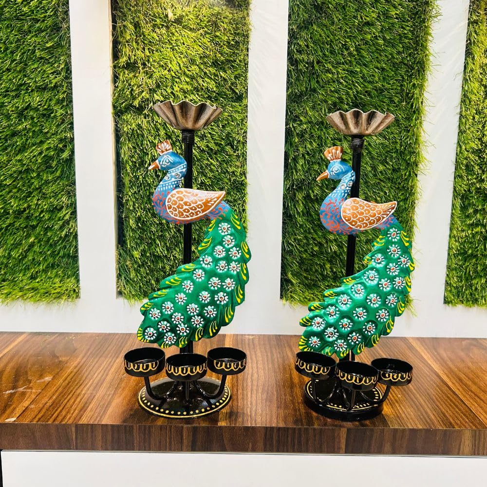 Framing Hub Metal Set of 2 Antique Multicolor Peacock T Light Candle Dhoop Holder showpiece for Pooja, Home, Office, Indoor Outdoor Décor