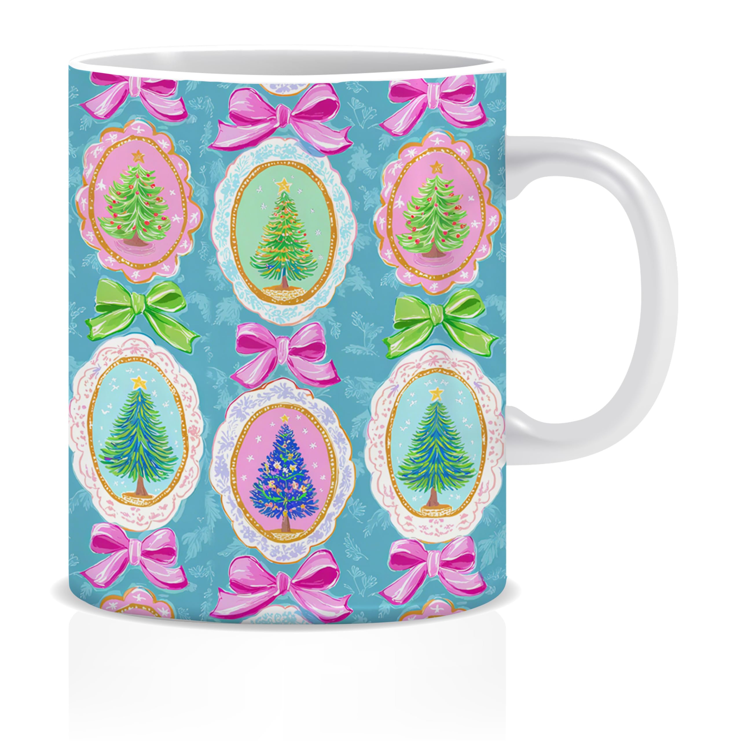 Coquette Pastel Christmas Tree Mug, Preppy Pink Bow Christmas Tree Coffee Cups Ceramic, Vintage Xmas Winter Holiday Coffee Tea Mug 11oz