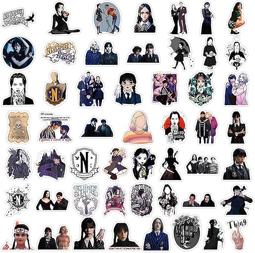 Miniatura 2 de Paquete de 52 calcomanías estéticas de Addams geniales y coloridas series de televisión impermeables divertidas calcomanías de vinilo de dibujos