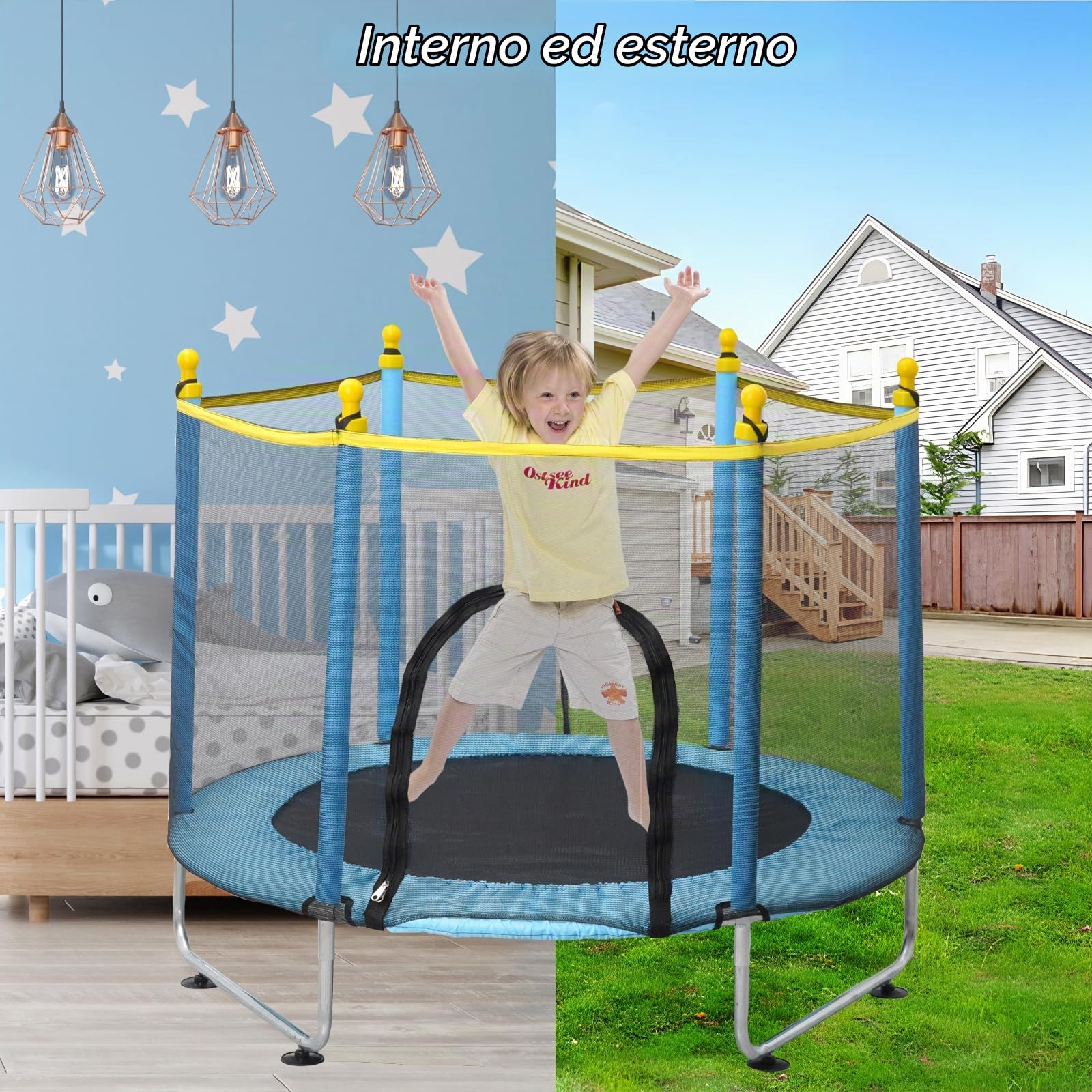 Trampolino Elastico per Bambini 140cm, Tappeto Interno Elastico da Esterno con Rete di Sicurezza e Cestino da Basket, Giochi da Giardino per Bambini 2 3 Anni