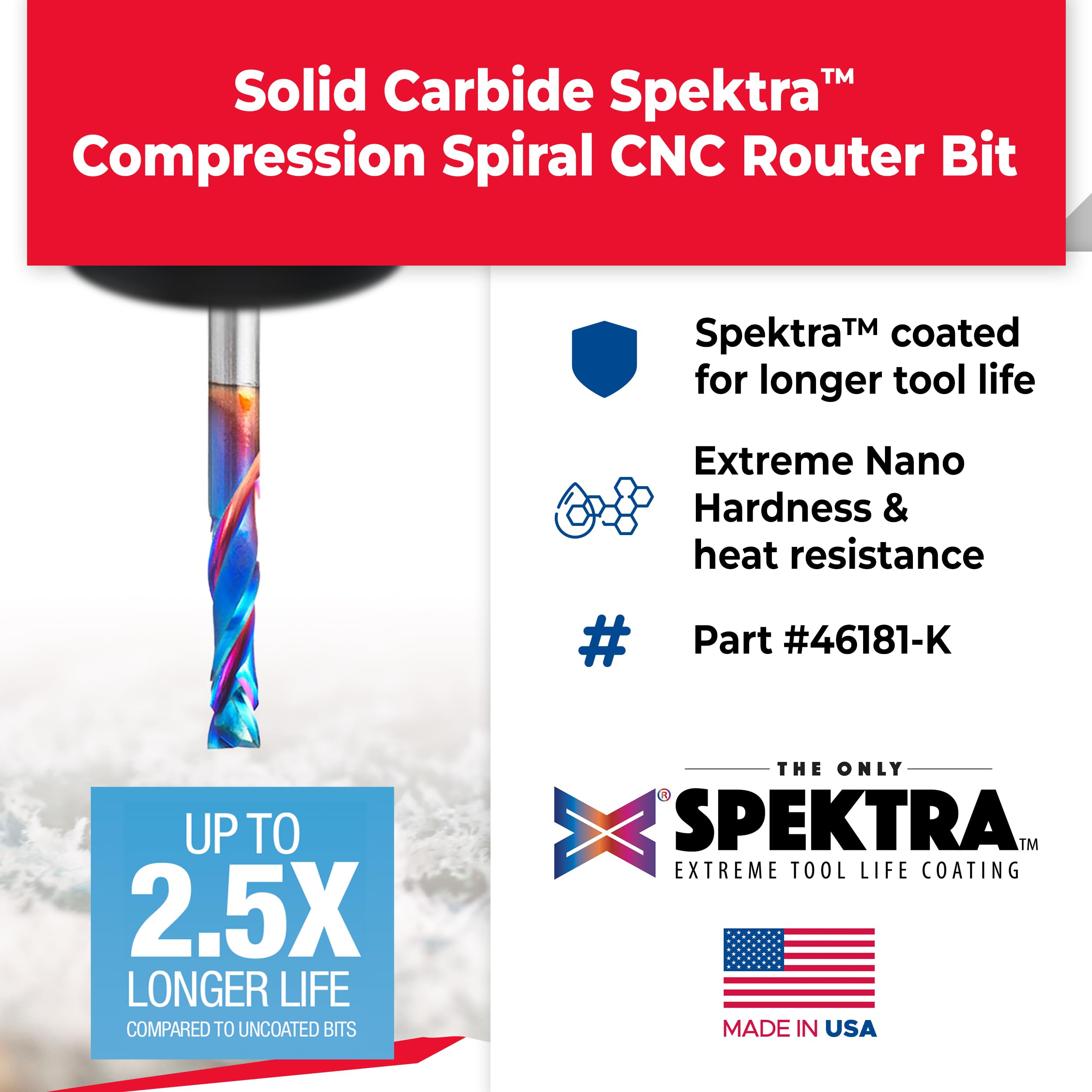 Amana Tool Spektra Solid Carbide CNC Compression Spiral Router Bit - 3/16" Diameter - Extreme Coated For Longer Life - View #9
