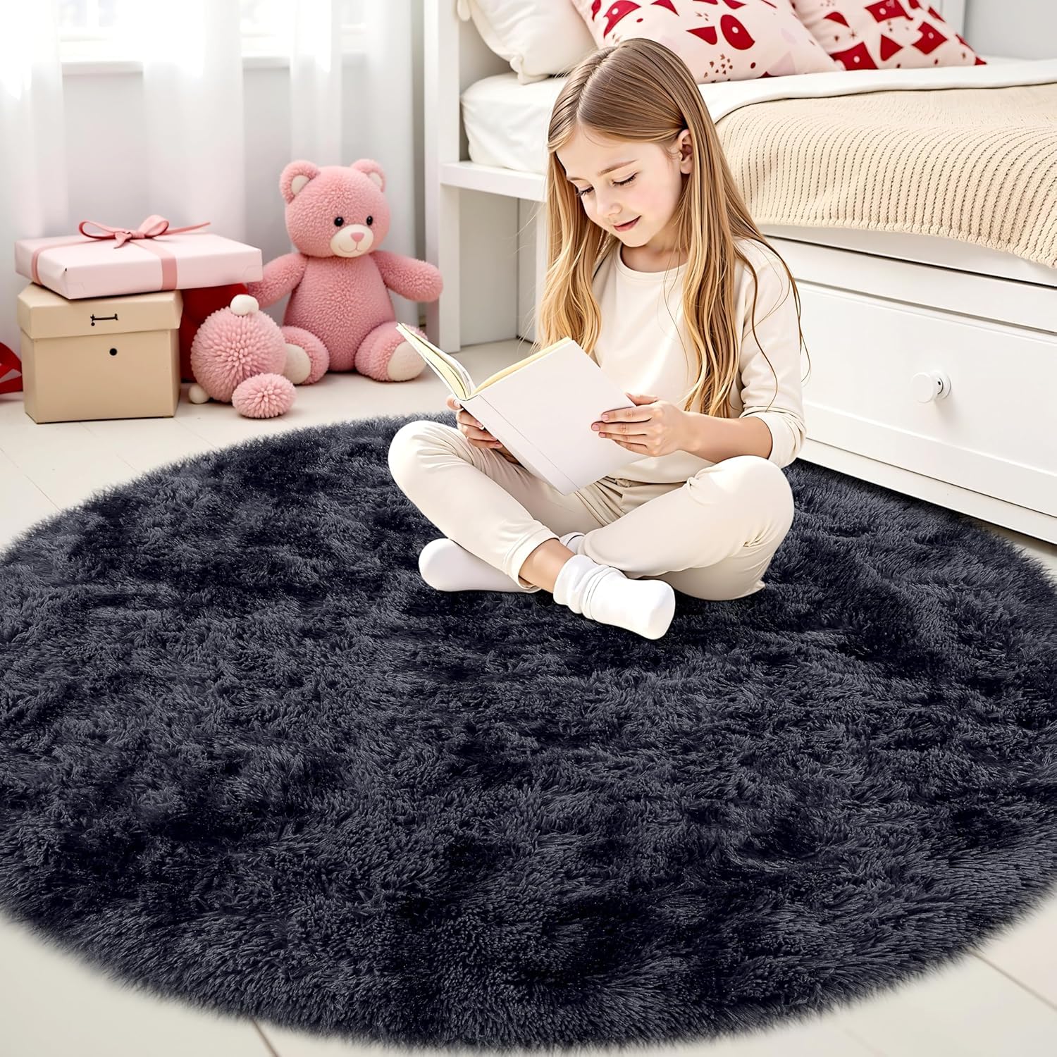smiry Rugs Living Room 120x120cm, Area Rugs for Bedroom, Machine Washable Anti Slip Soft Fluffy Shaggy Tie-dye Floor Carpet for Kids Girls and Boys, Nursery Room, Dark Grey