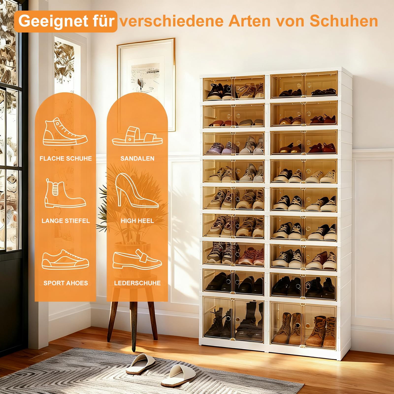 Klappbarer Schuhhalter, 9 Stufe 36 Doppel-Klappschrank, Transparent Stapelbarer Schuh-Aufbewahrungskasten, Magnetsaugtürrahmen mit Rädern, weiß