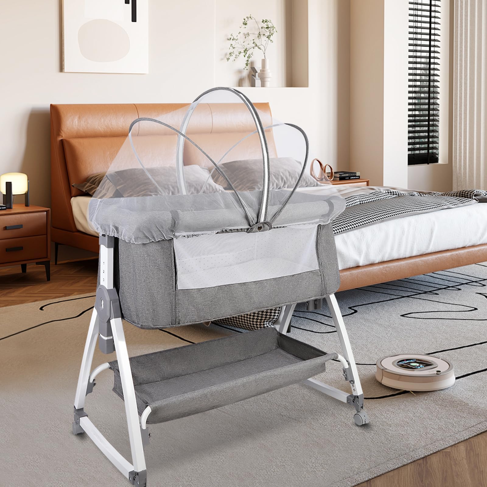 homewell Beistellbett Baby,Bett Bassinet/Babybett/Babywiege, Zustellbett 6 Fach Höhenverstellung und Neigungsverstellung, Faltbare Seitenwand für Zuhause und Unterwegs (Grau)