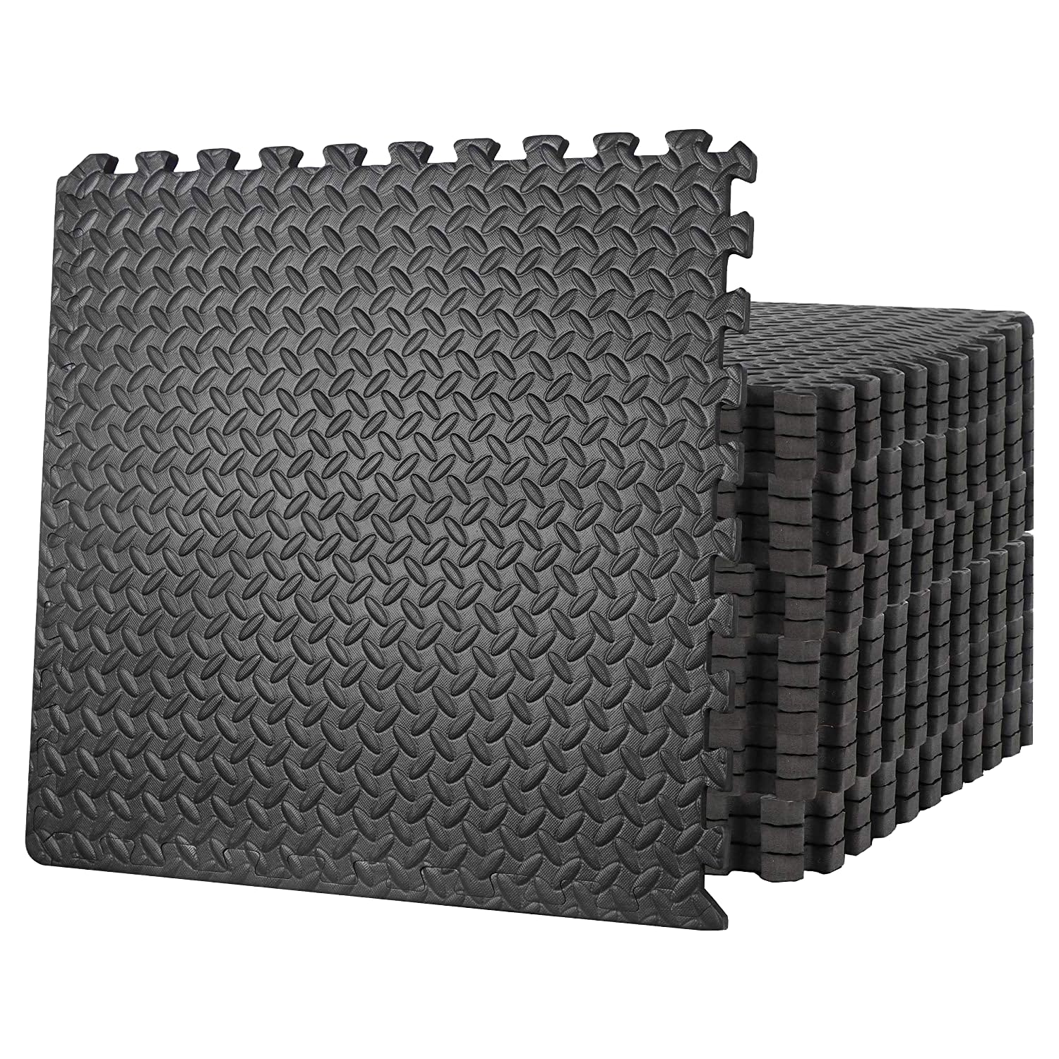 Durable EVA Gym Mats for Home Non-Slip Foam Mats – 1 cm thick Interlocking Floor Mats for Gym Flooring and Garage Floor 4 Tiles (Black, 60x60, Leaf, Pack of 4) — image 1