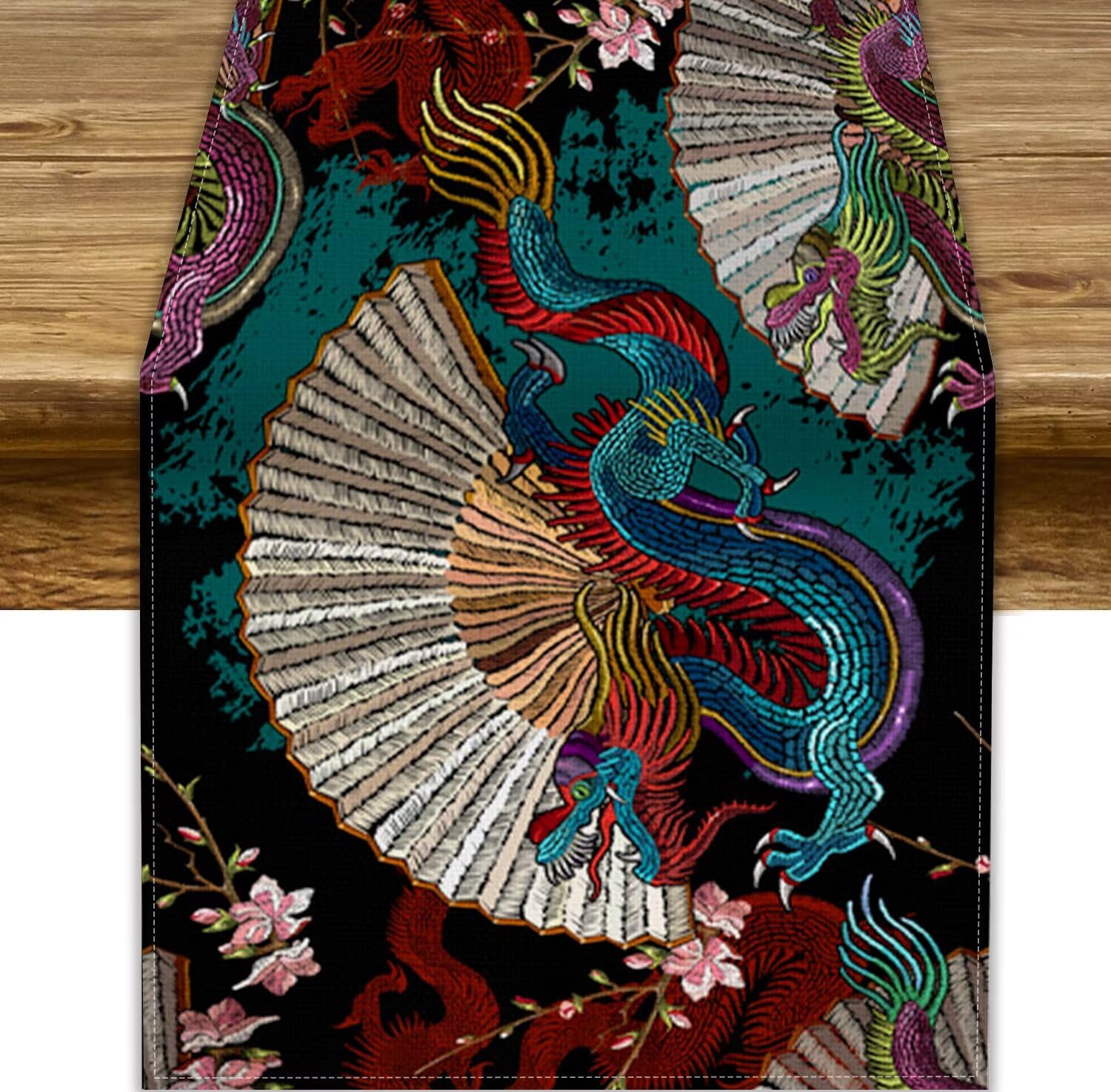 Japaneses Dragons Table Runner,Traditional Oriental Asian Dragons Flowers Chinese Style Kitchen Dining Table Decor for Wedding Indoor Outdoor 13x70in
