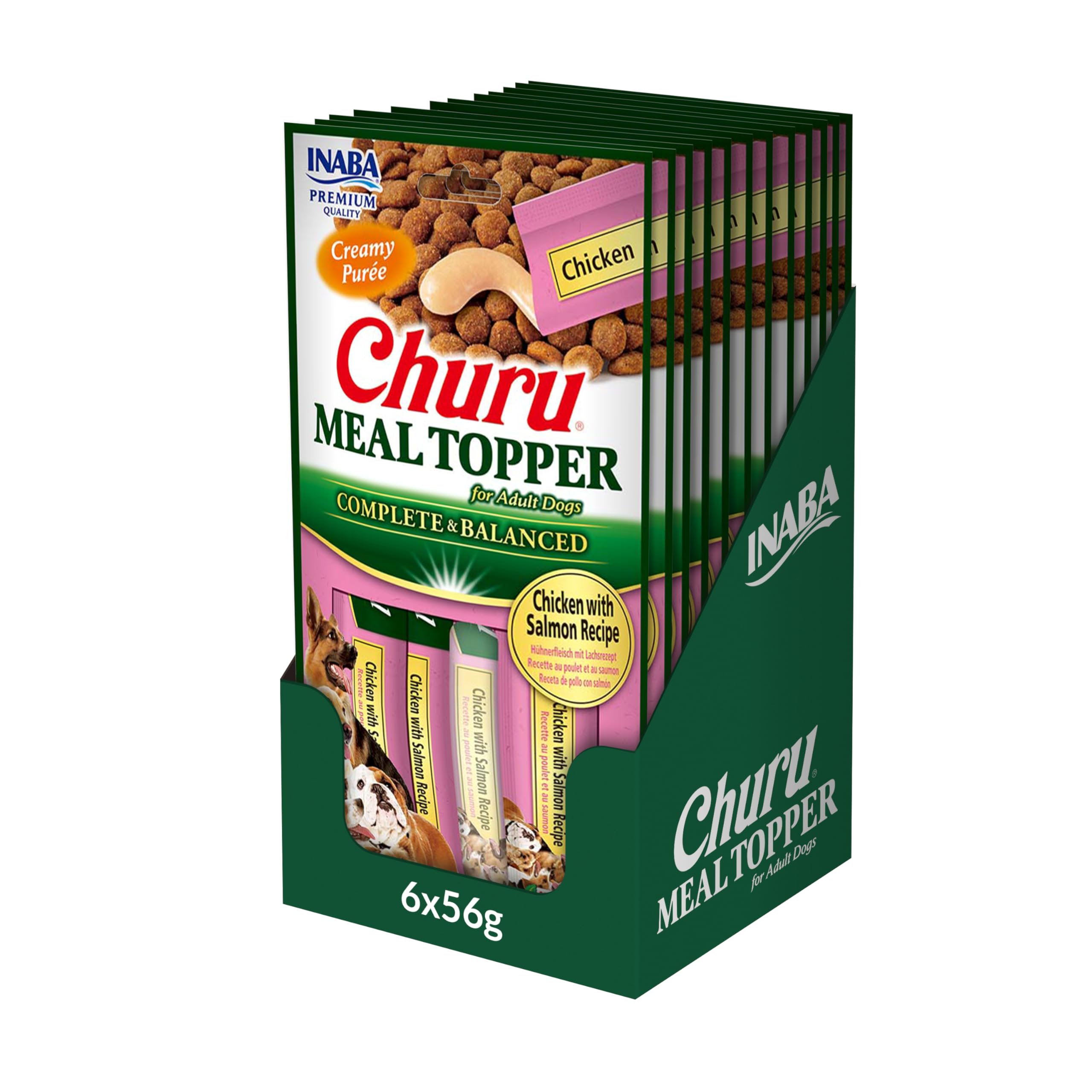 INABA Churu Meal Topper Perros Adultos – Receta Saludable de Salmón – Alimento Húmedo Completo y Balanceado con Vitaminas y Colágeno – Ideal para Mezclar con Croquetas - 672g (12x56g)