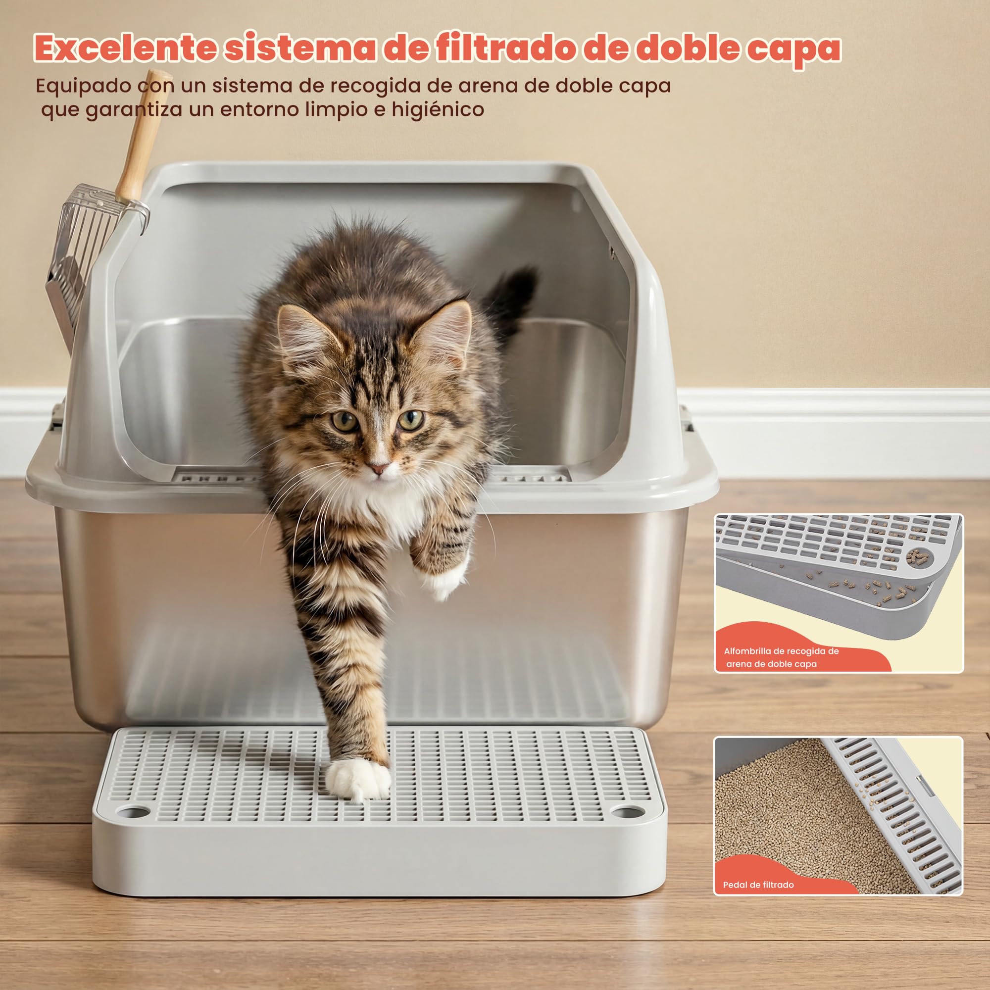 Arenero Gato Acero Inoxidable, XXL Arenero Gato Grande con Bordes Altos & Entrada Baja, Caja Arena para Gatos sin Tapa, Antiderrames Antifugas con Cierre a Presión, con Rejilla,Tapete