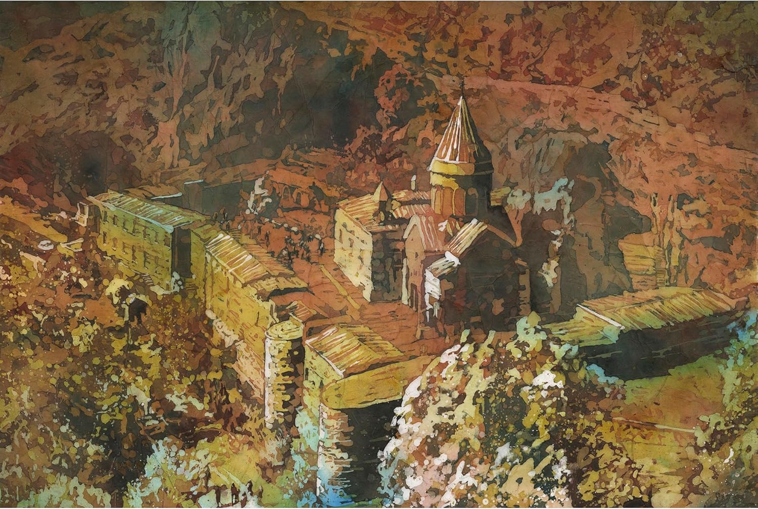 Handmade Watercolor Wall Art, Geghard Monastery Armenia Landscape Painting, Unframed Batik Artwork in Yellow and Brown Tones