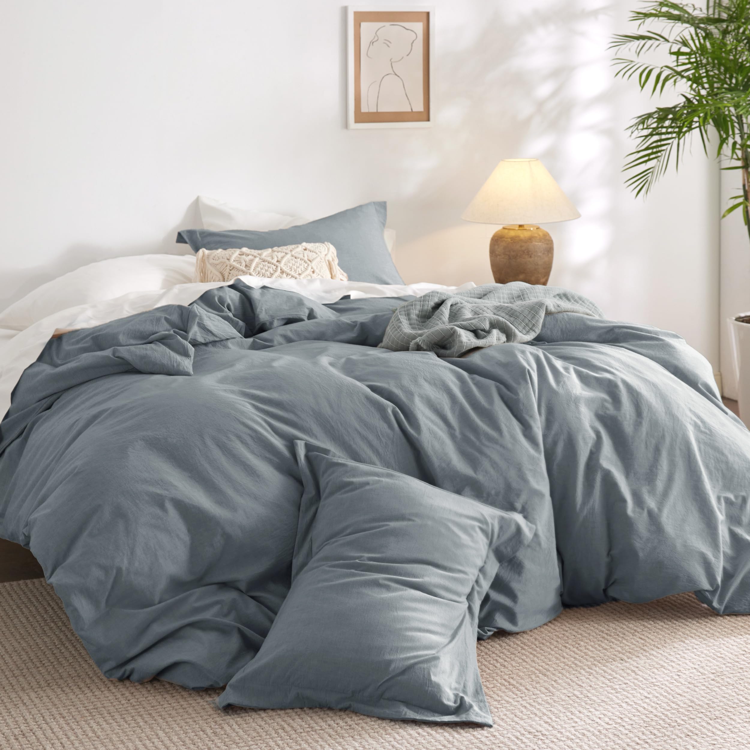 Bedsure 100% Washed Cotton Duvet Cover King Size - Grey Blue Minimalist Cotton Duvet Cover Set Linen Like - 3 Pieces Plain Simple Cotton Duvet Cover Set with 2 Pillow shams (Grey Blue, King, 104"x90")
