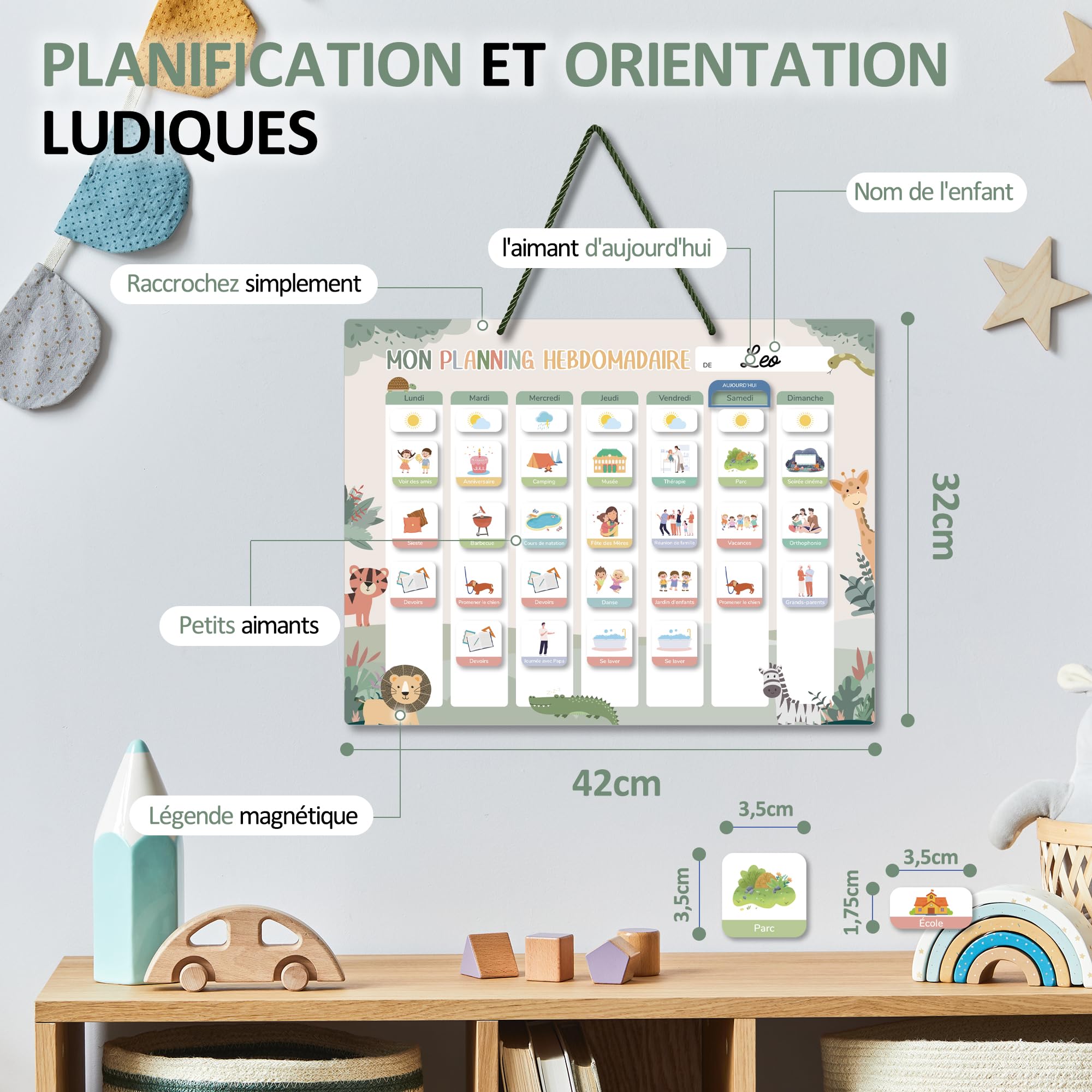 Planning de Semainier Enfant Montessori 42x32 cm avec 177 Aimants - Tableau de Récompense Effaçable et Réutilisable