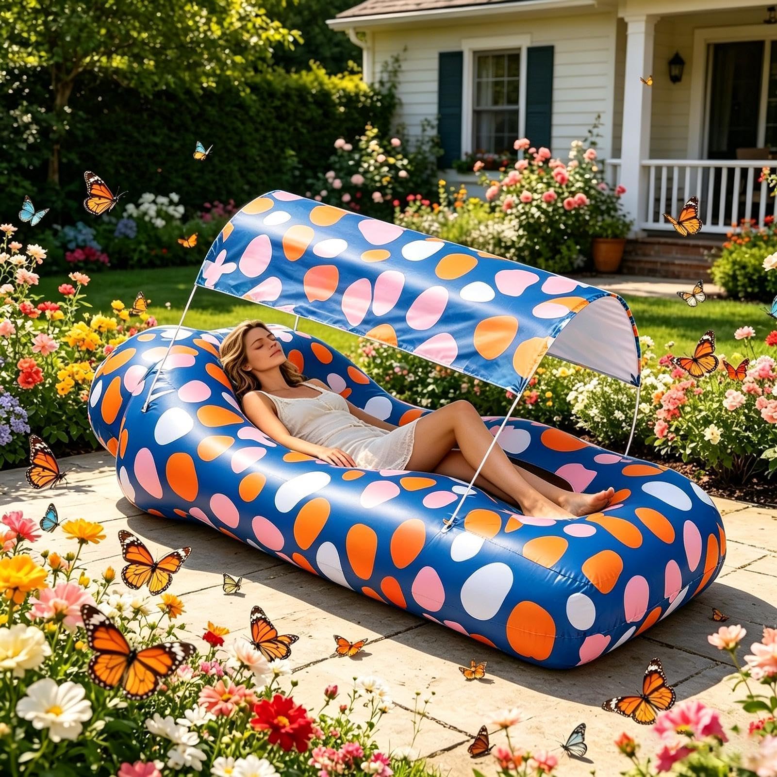 Aufblasbare Strandliege Aufblasbares Sofa mit Sonnendach | Einfach aufzubauende Wander-Liege für den Einsatz draußen beim Camping Wandern Picknick Urlaub im Garten sowie am