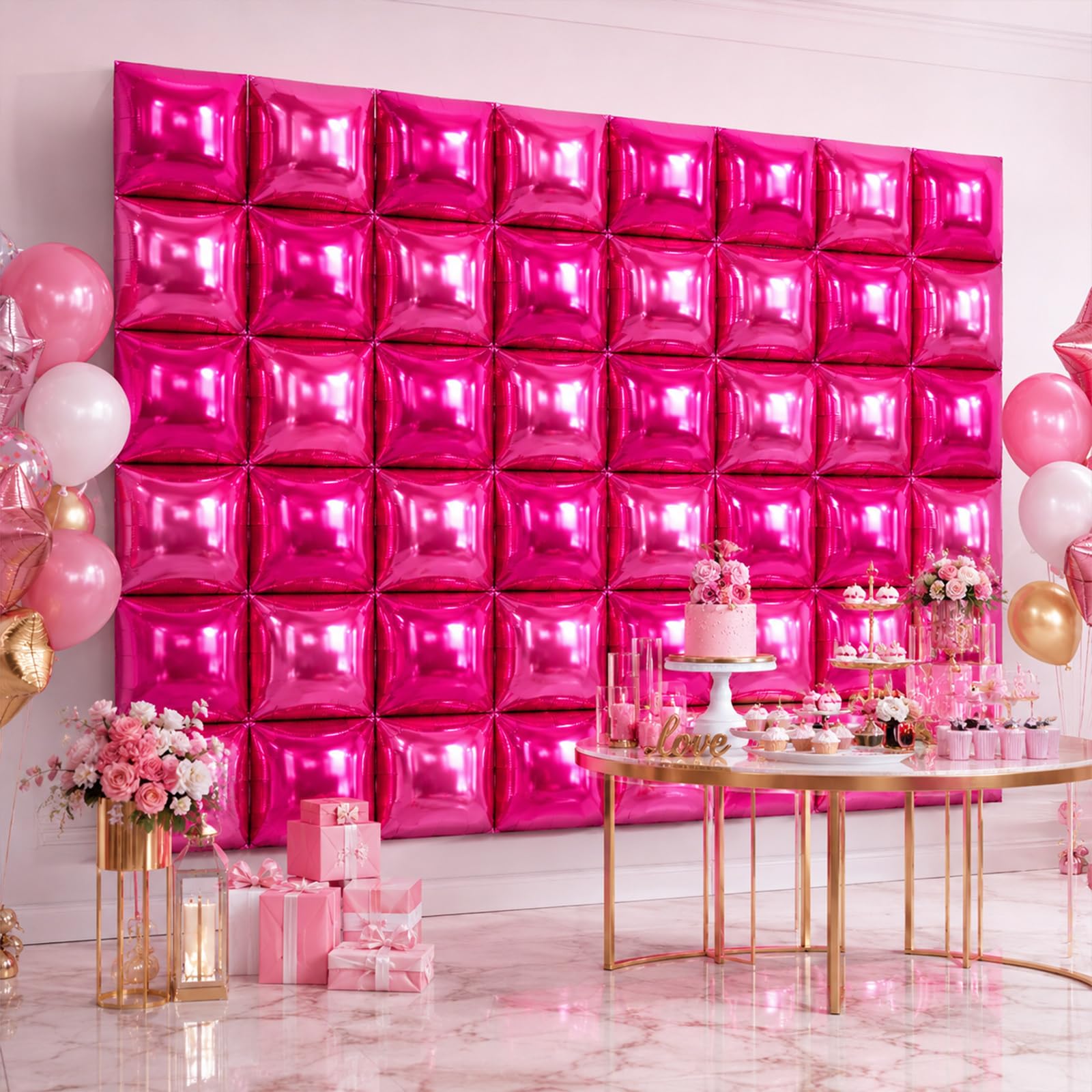 NISOCY 48 globos cuadrados de papel de aluminio rosa intenso, telón de fondo de pared de doble cara, kit de arco de túnel de globo rojo rosa para cumpleaños, San Valentín, boda, aniversario, despedida