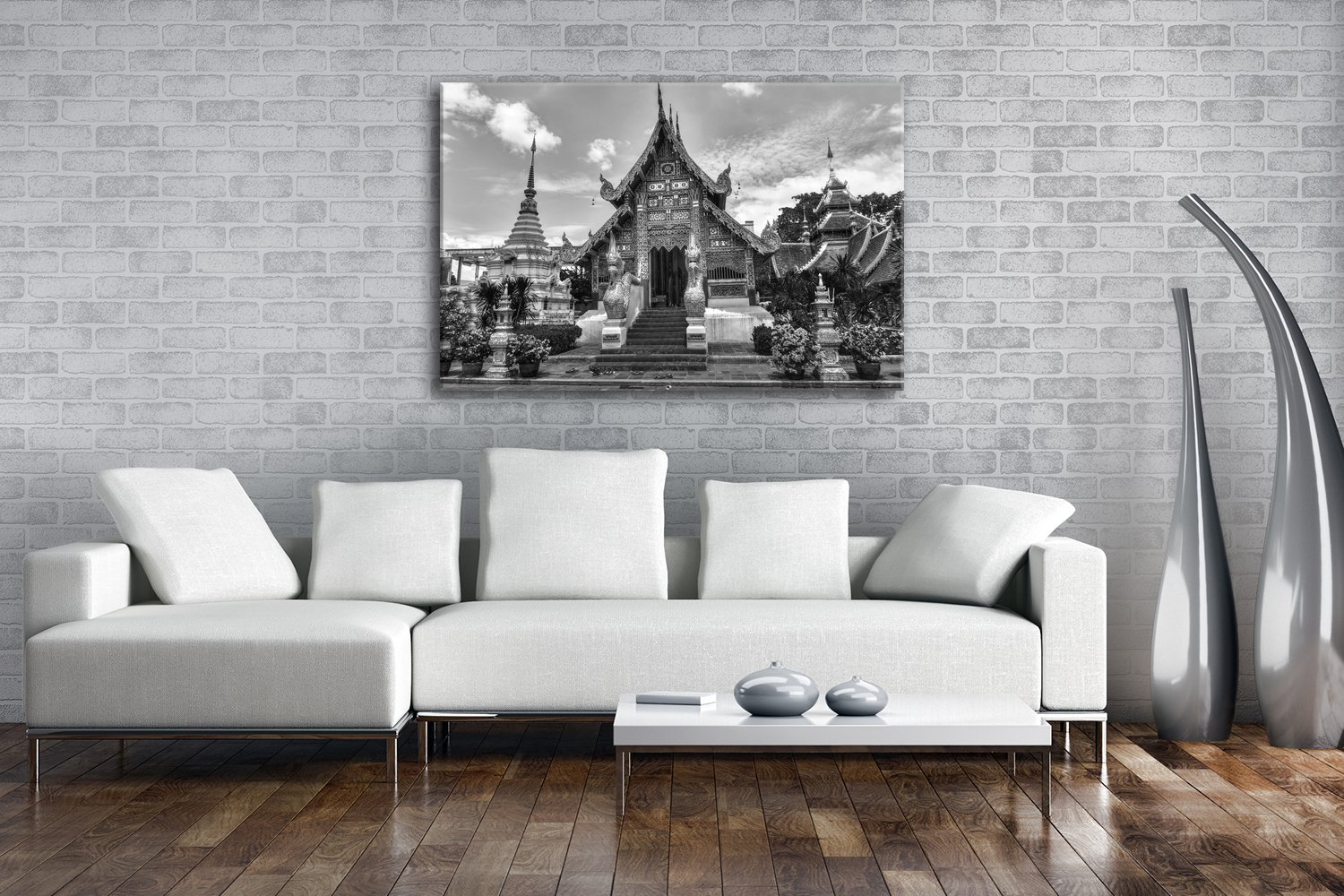 Tajlandzka świątynia format: 120 x 80 Efekt: czarny/biały jako obraz na płótnie, motyw oprawiony na ramie z prawdziwego drewna, wysokiej jakości druk cyfrowy z ramą, nie jest to plakat