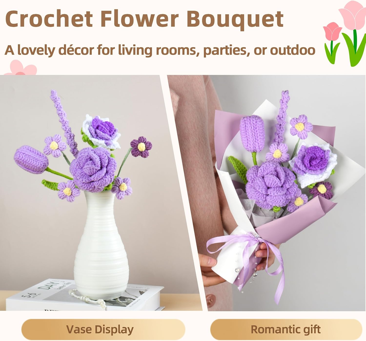 Purple Crochet Flower Bouquet, Handmade Crochet Flowers, Knitted Flowers Gift for Her, Gift for Women with Gift Box, Bag and Card - Image 3