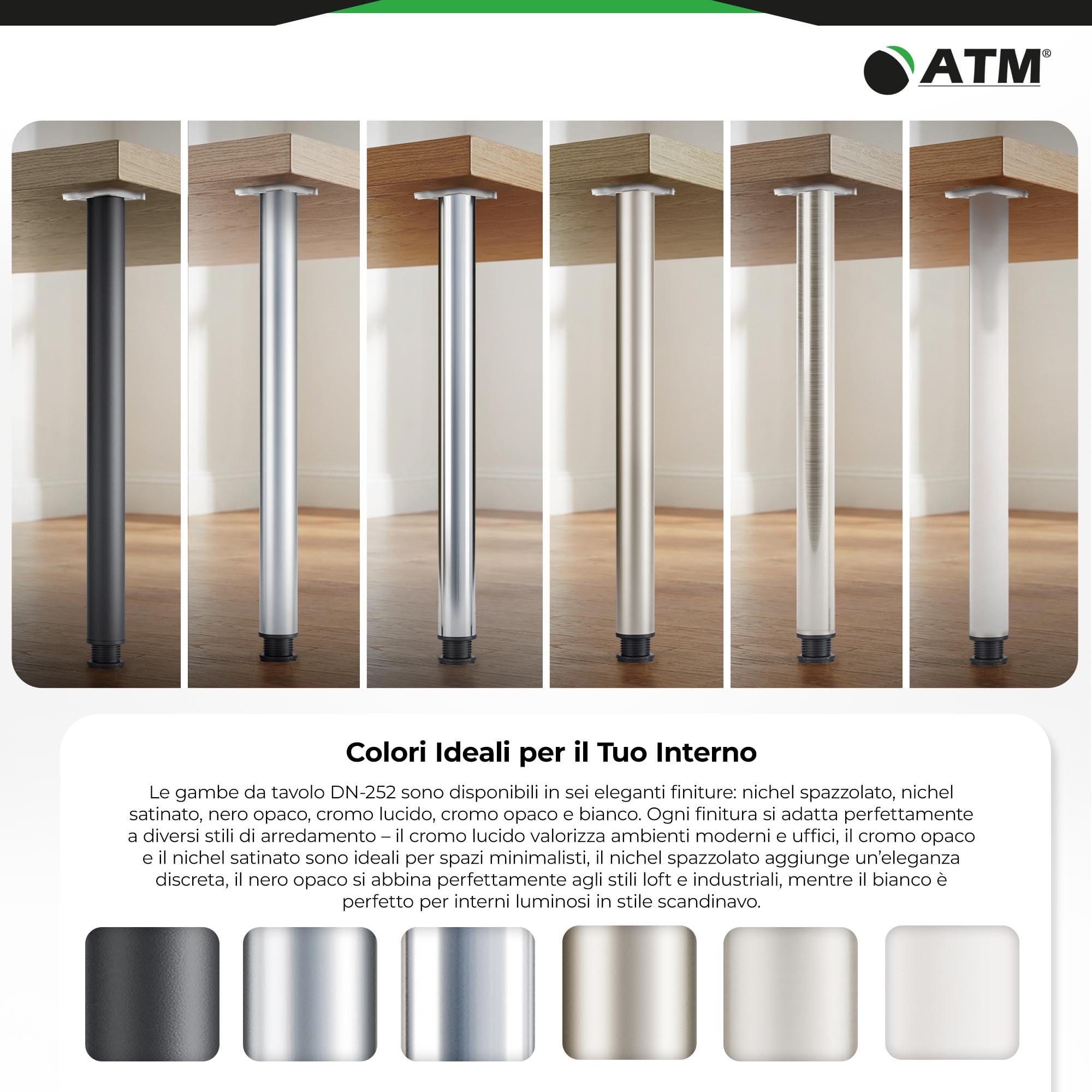 ATM Set di 4 Gambe per Tavolo 110cm Regolabili in Altezza Metallo Piedini per Mobili Ø 60mm Gamba per Tavolo Cucina Banco Lavoro Supporto Cilindrico - Bianco