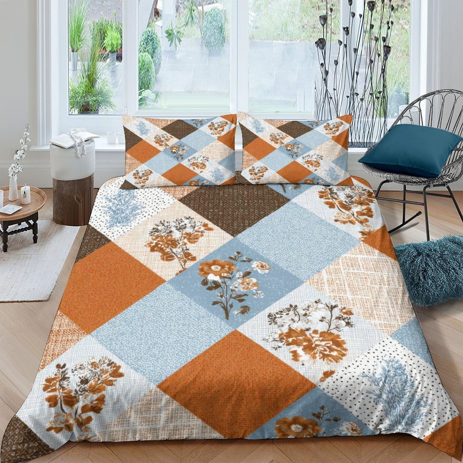 GPLZQXKJNH 3D Printed Patchwork Geometric Duvet Cover Microfiber Soft Breathable Floral Bedding Set with 2 Pillowcases for Bedroom Decor Single（135x200cm）