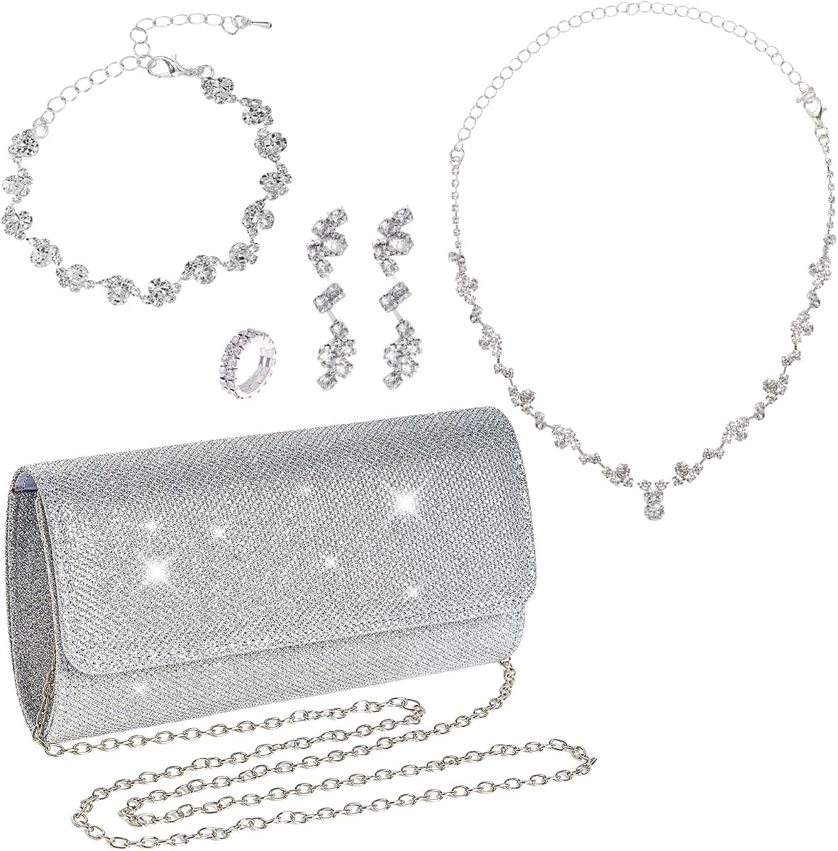 Rbenxia Conjunto de joyería de noche con diamantes de imitación para mujer, fiesta de noche de boda para novia | Bling Glitter Silver Clutch, bolso, collar, pendientes, pulseras, conjunto de bisutería, fiesta de graduación, cumpleaños, compromisos, aniversarios