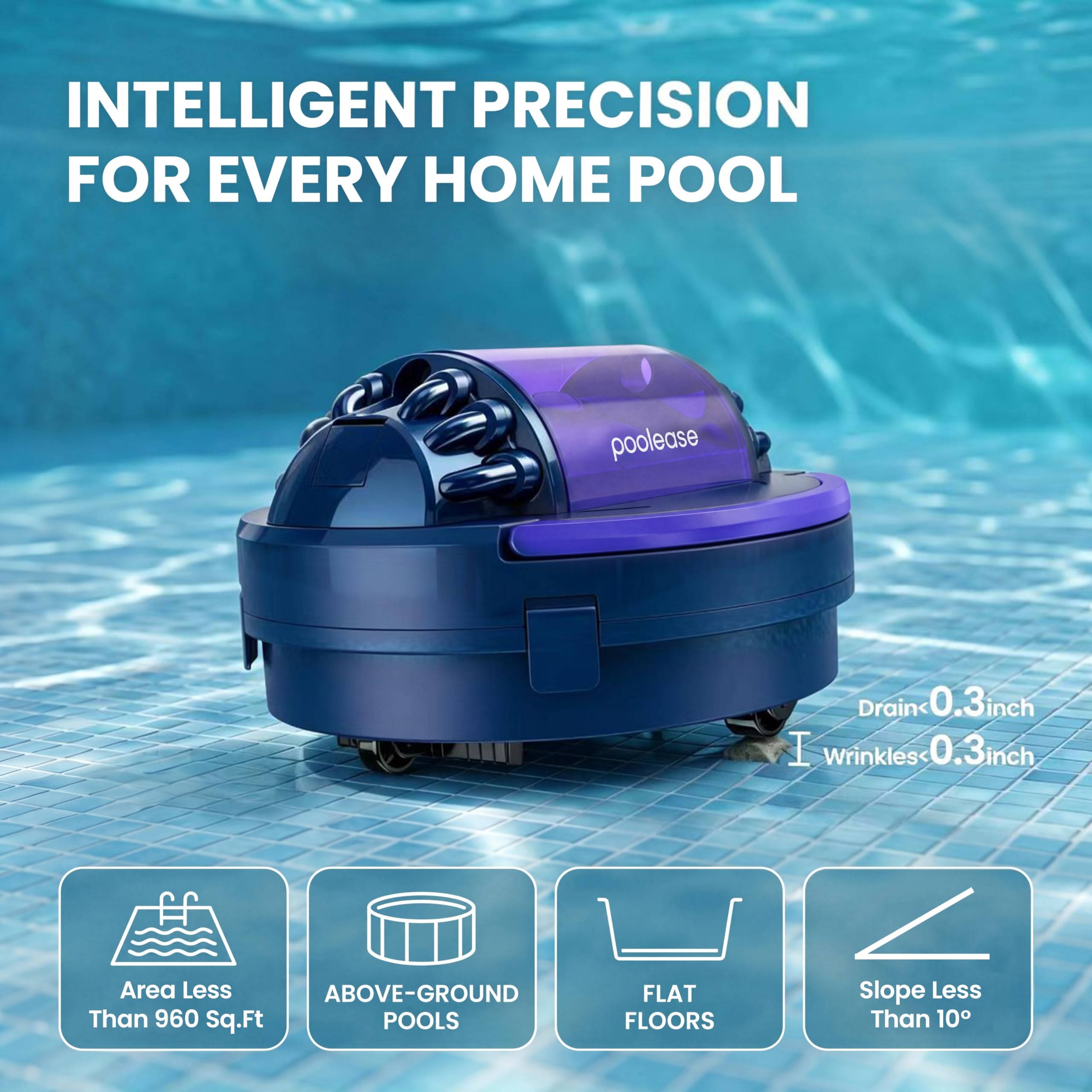 Poolroboter, Poolsauger Akku mit 100 Minuten Laufzeit, Automatische Reinigung mit Selbsteinparkfunktion, 2L Filterkapazität Poolreiniger für Flache Pools bis zu 90㎡