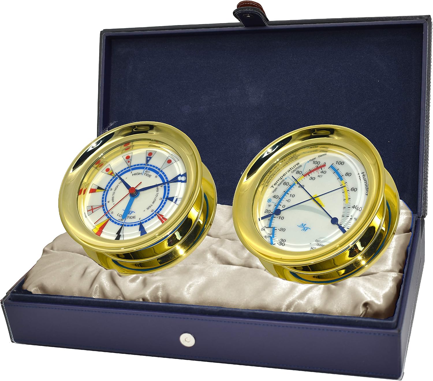 MASTER-MARINER American Voyager Collection, Nautical Windlass Gift Set, 5.85” Diameter Time & Tide Clock and Comfort Meter Instruments, Gold Finish, Ivory Signal Flag dial