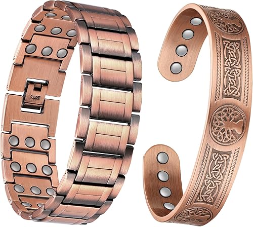 Feraco Pulseras magnéticas de cobre de 3 filas para hombres, pulsera magnética de cobre puro con imanes de neodimio de 3 filas de longitud