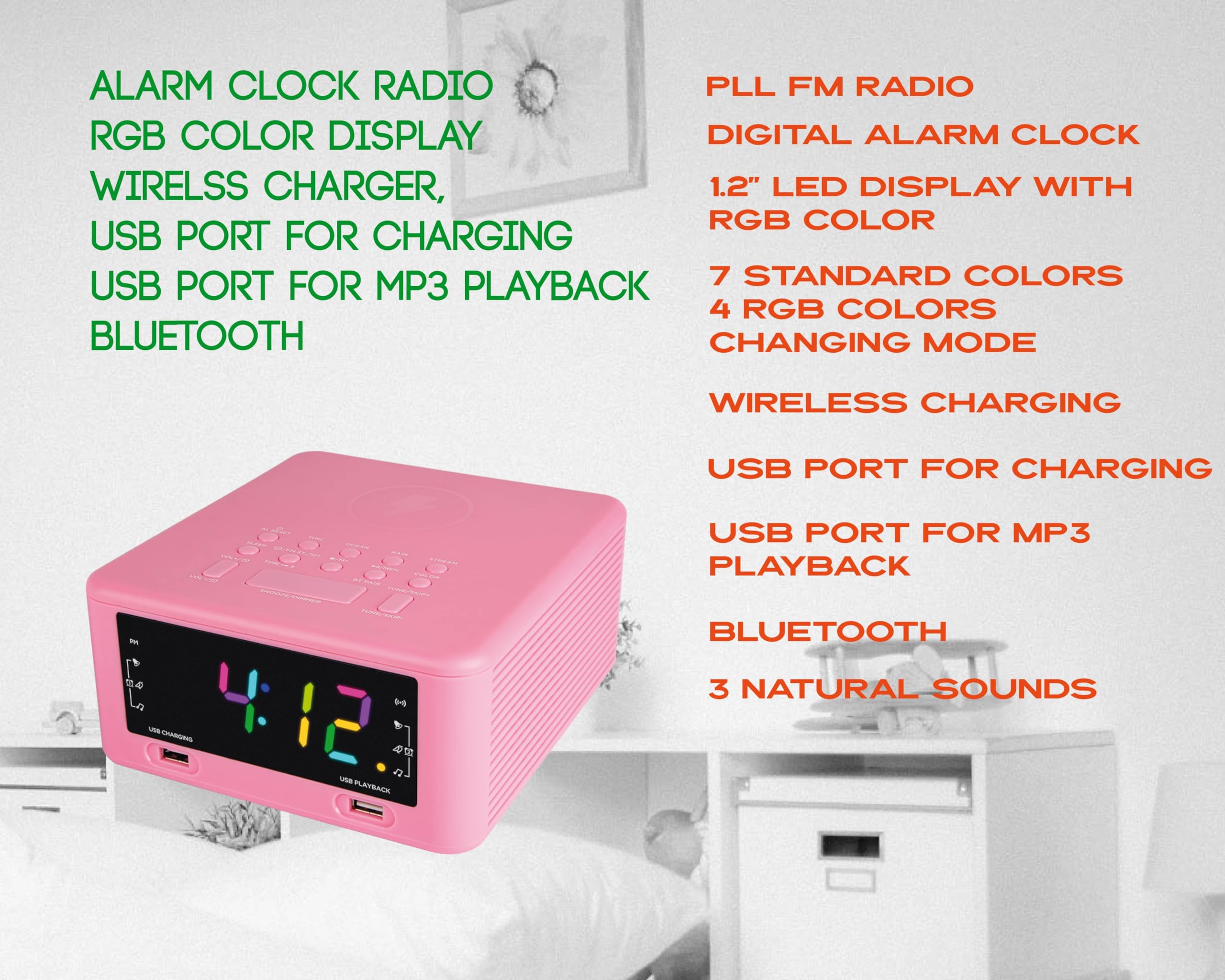 HANNLOMAX HX-206Wi Alarm Clock Radio with Wireless Charger, RGB Color Display, USB Port for Charging and MP3 Playback, Bluetooth, Soothing Sleep Sounds, Aux-in, AC Operation only. (Pink)