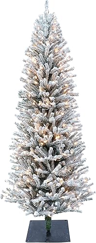 Puleo International Árbol de Navidad artificial de abeto flocado preiluminado de 6 pies con conos de pinos, color verde