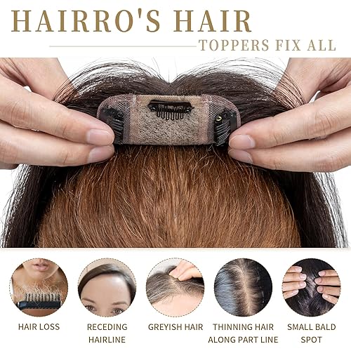 Miniatura 117 de Hairro 100% Real Human Hair Toppers for Women No Bang, Clip in Real Hairpieces, Breathable Silk Base for Covering Greyish Thinning Hair Loss on Top