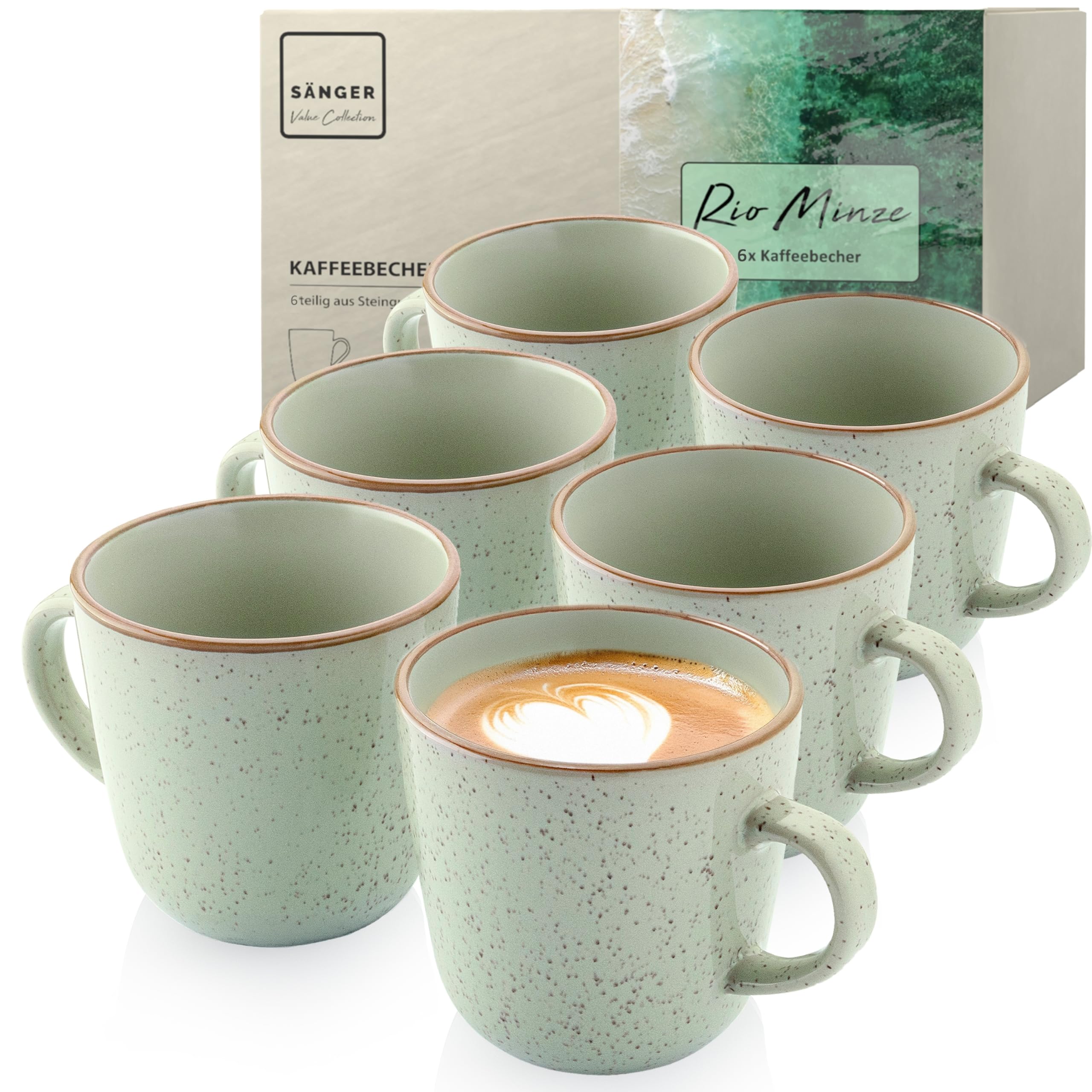 SÄNGER Rio Minze | Kaffeebecher 6 tlg, Steingut Tassen Set für 6 Personen, Tassen multifunktional, spülmaschinen- mikrowellenfest, Coffee Mug Teetasse, Kaffeetassen mintgrün 430 ml | VALUE COLLECTION