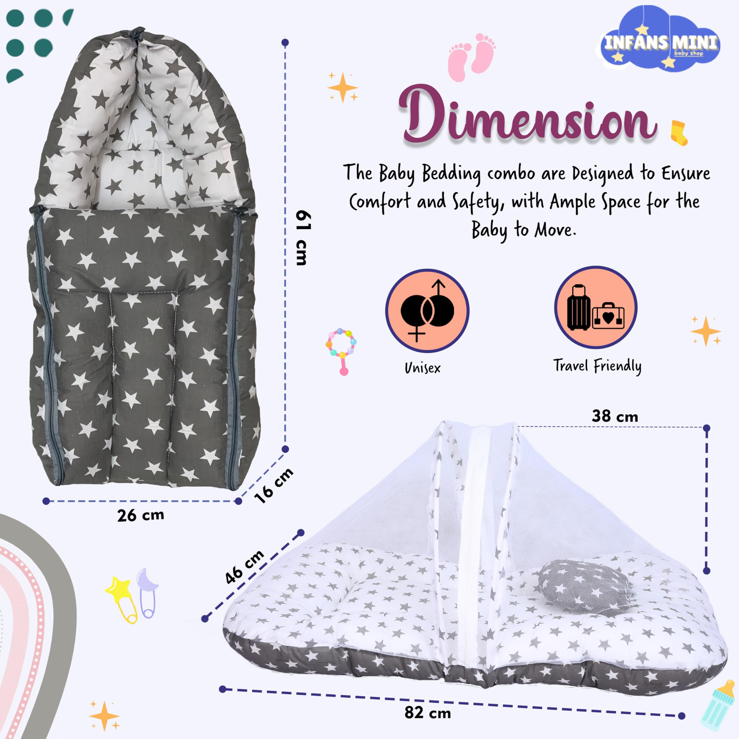 Infans Mini Baby Bedding Set for New Born Baby Sleeping Bag, Mosquito Net Bed Suitable Upto 6 Months Babies (Star Grey) 2
