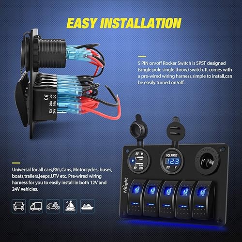 Miniatura 3 de Nilight - Panel de interruptor basculante de 5 bandas 90118H Panel de interruptores de aluminio precableado con doble USB encendedor de cigarrillos