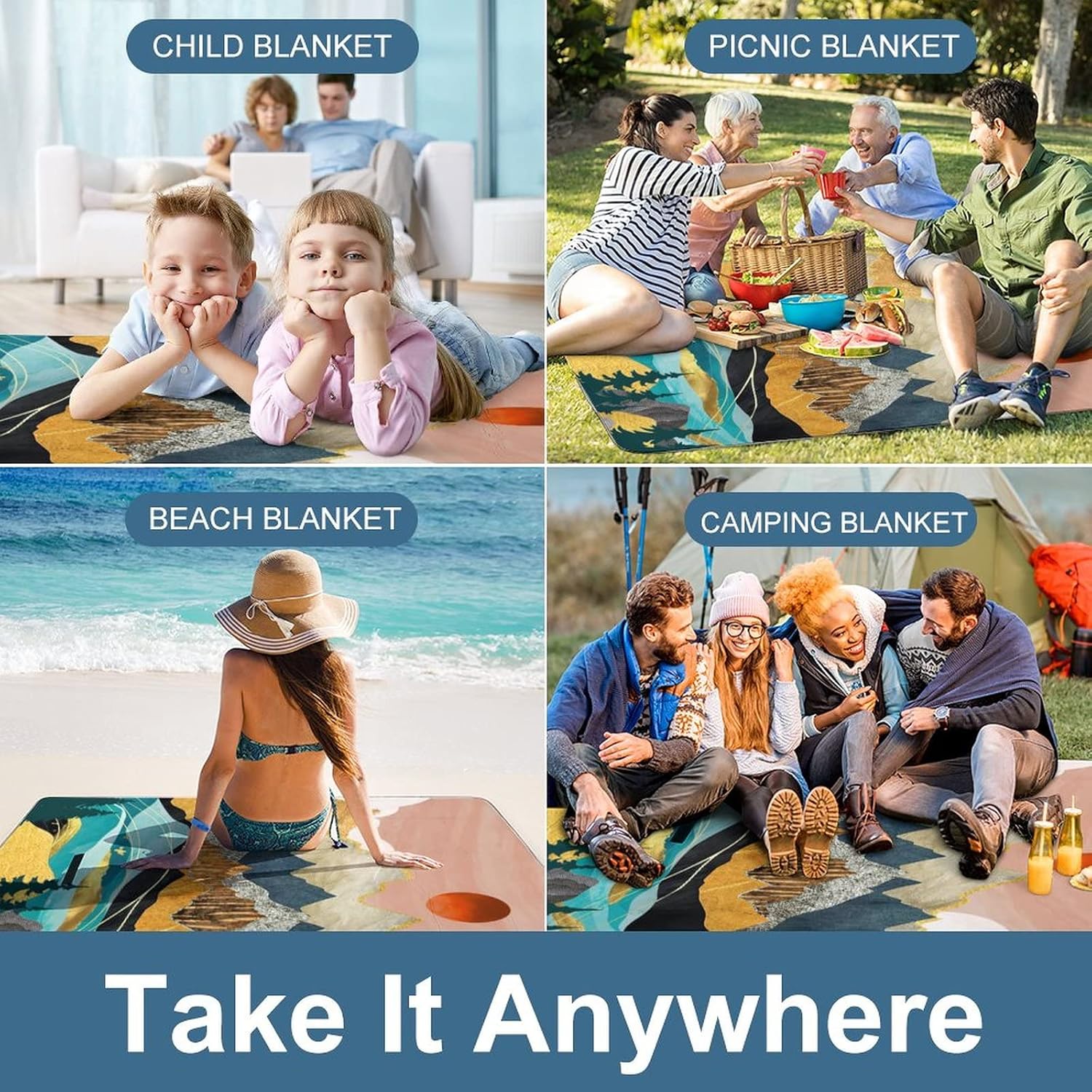 Modern Abstract Forest Soft Waterproof Folding Picnic Blanket Mountain Colorful Japanese Style Geometric Stripe Art Print for The Beach Camping on Grass Waterproof Sandproof 58.3x58.3 Inch