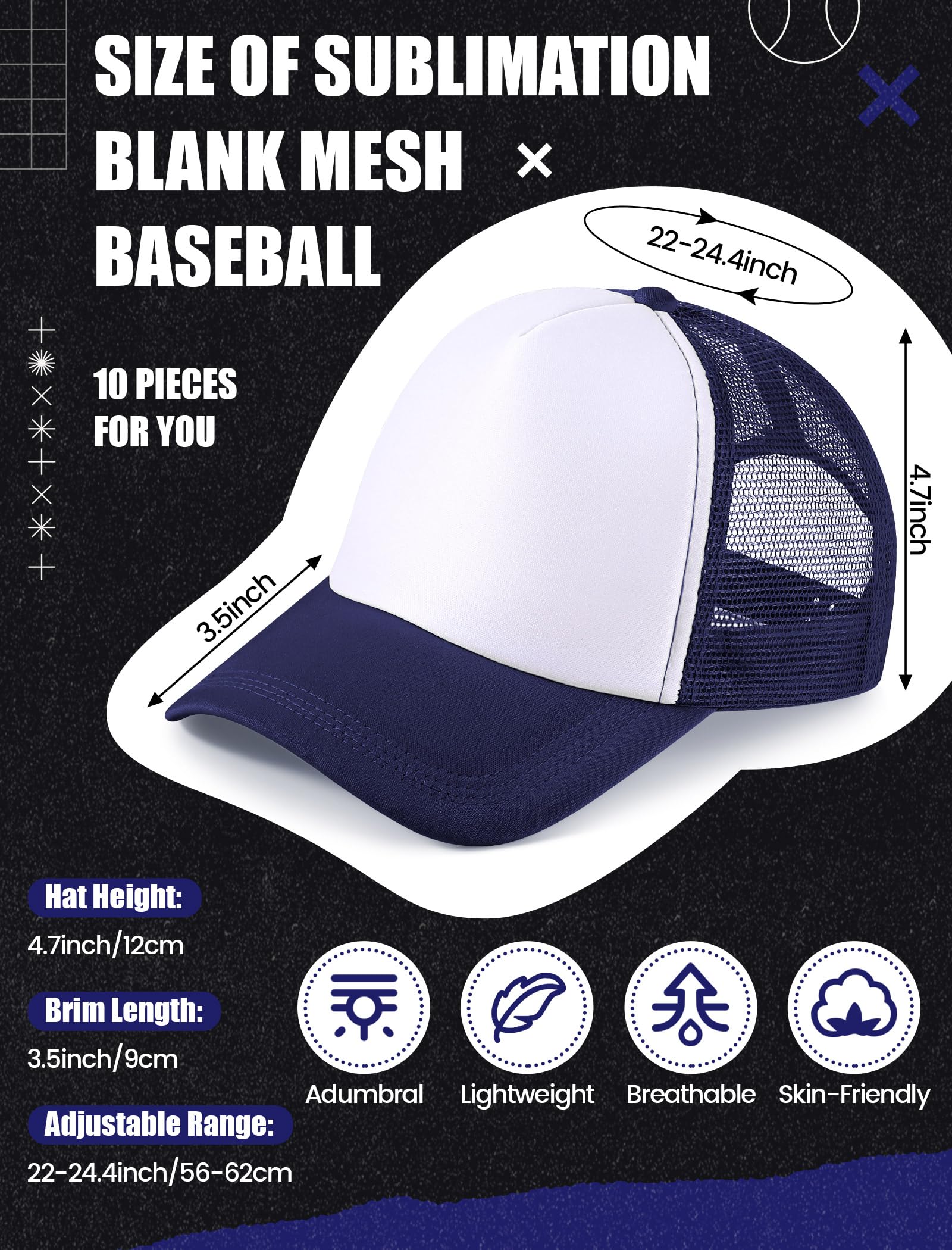 10 Pcs Sublimation Blank Trucker Hats Bulk Mesh Baseball Cap Polyester Mesh Trucker Hat for Men and Women (Navy and White)