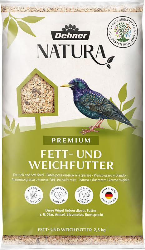 Dehner Natura Premium Wildvogelfutter, Fettfutter / Weichfutter, Ganzjahresfutter artgerecht / kraftspendend , hochwertiges Vogelfutter für Wildvögel, 2.5 kg