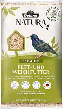 Dehner Natura Premium Wildvogelfutter, Fettfutter / Weichfutter, Ganzjahresfutter artgerecht / kraftspendend , hochwertiges Vogelfutter für Wildvögel, 2.5 kg